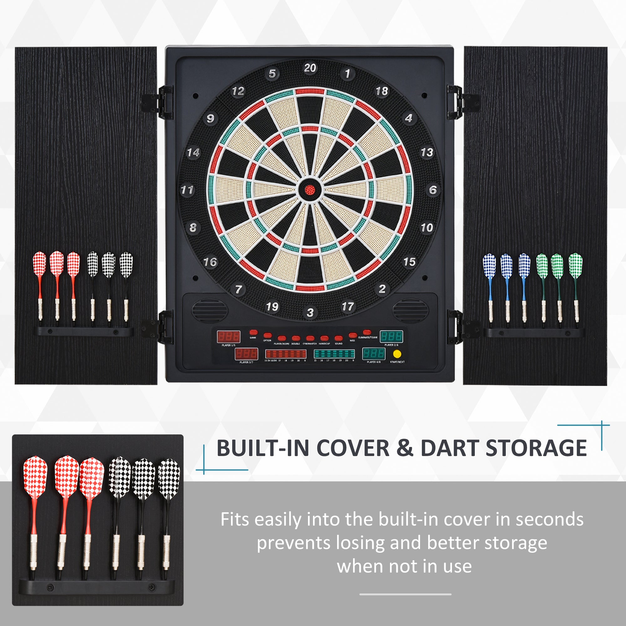 HOMCOM Electronic Dartboard Set, 27 Games Modes and 202 Variations, LED & 12 Soft Tip Darts and Cabinet to Storage, Ready-to-Play Multi-Game Option Darts Machine - anydaydirect