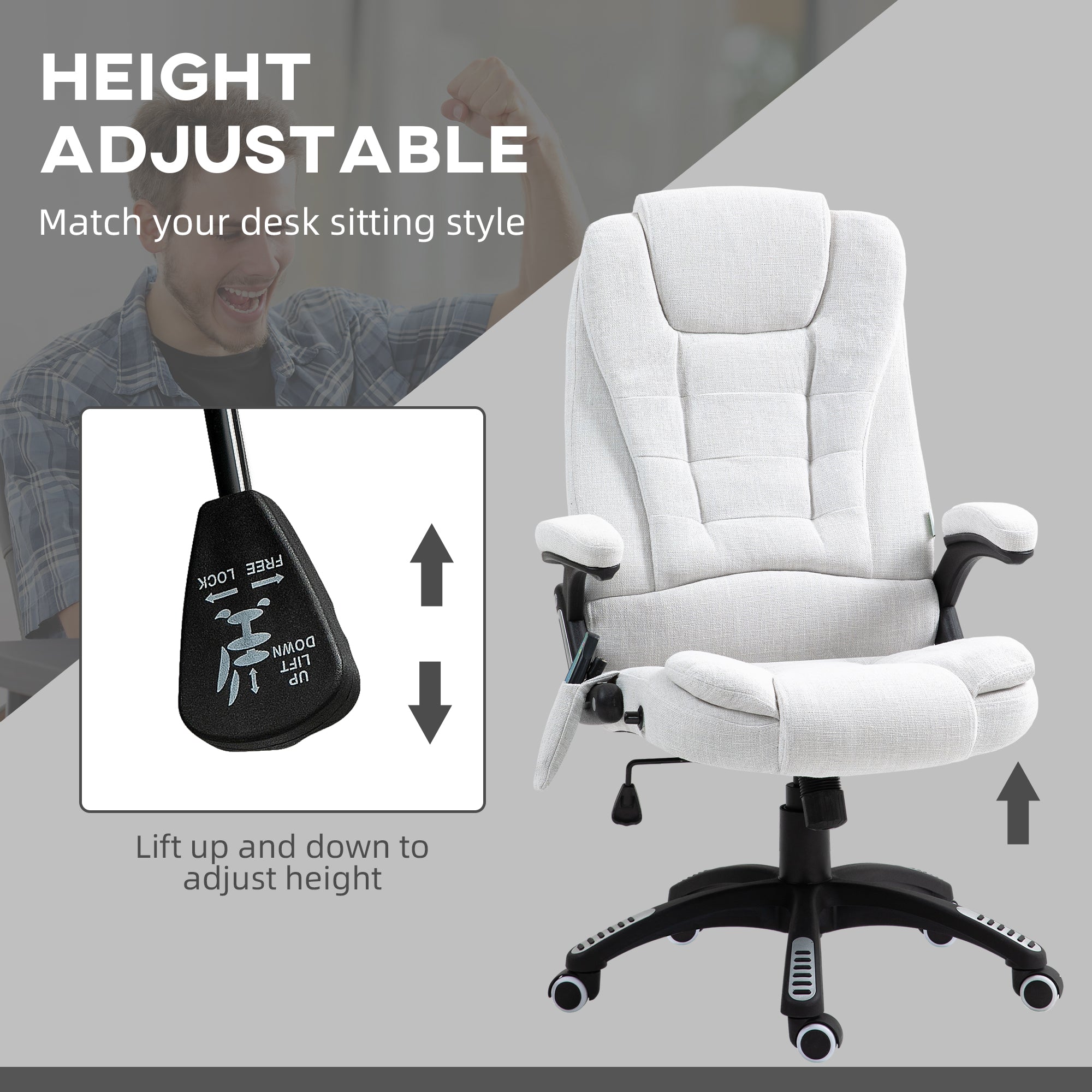 Vinsetto Massage Recliner Chair Heated Office Chair with Six Massage Points Linen-Feel Fabric 360° Swivel Wheels Cream White - anydaydirect