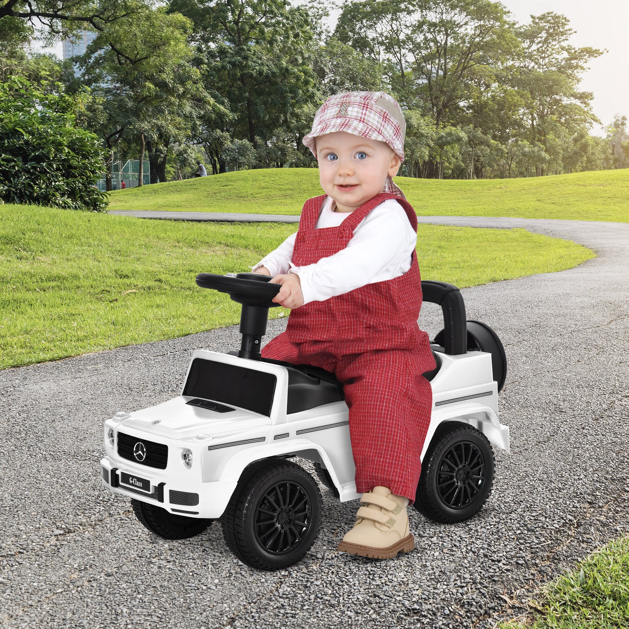 HOMCOM Mercedes-Benz G350 Baby Rider: Foot-to-Floor Slider with Push Handle, Horn & Storage, White - anydaydirect