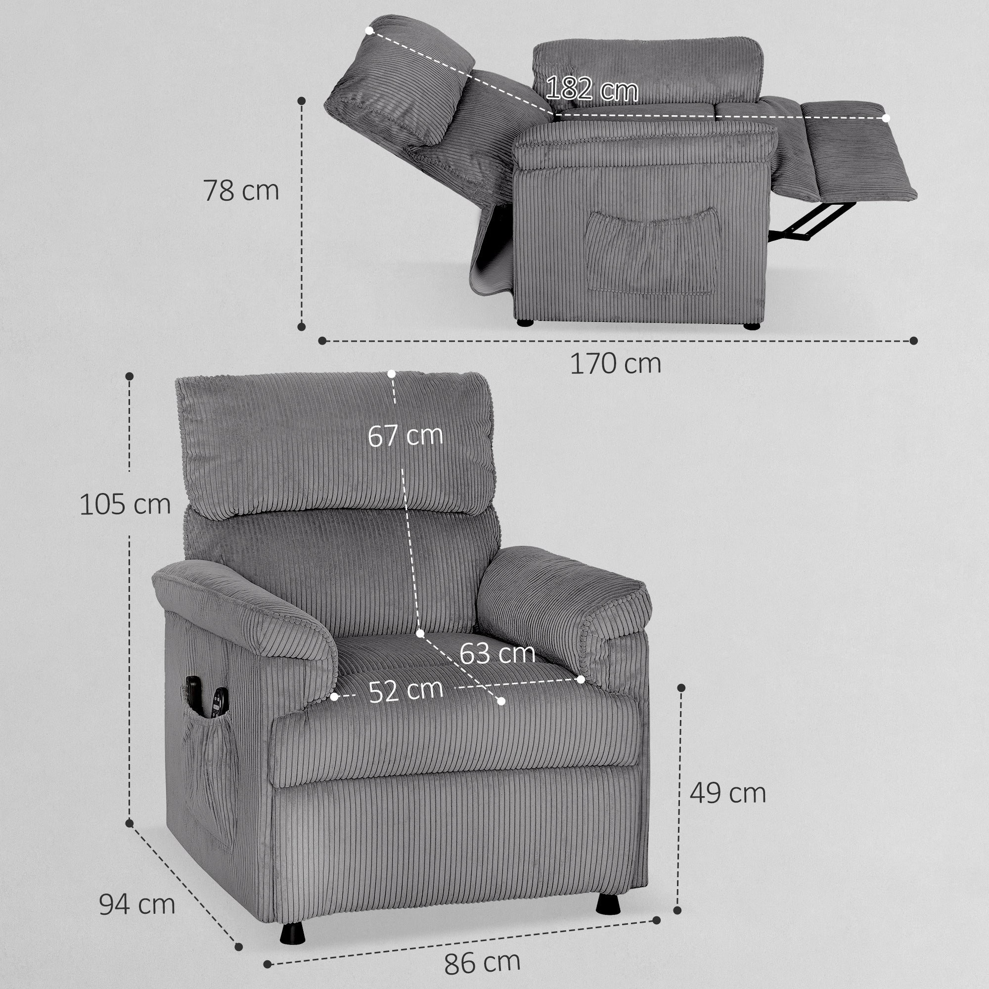 HOMCOM Corduroy Electric Massage Recliner - Grey - anydaydirect