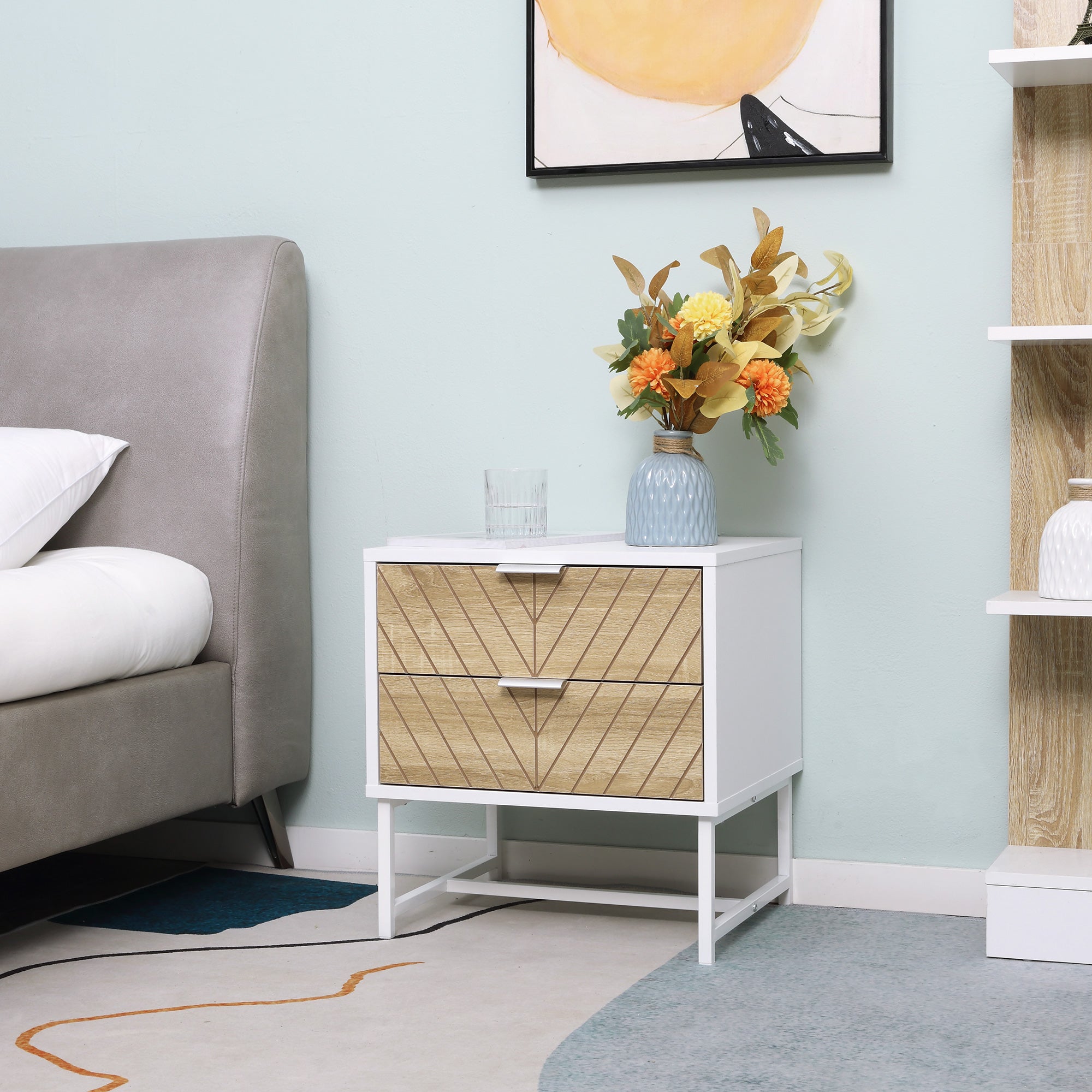 HOMCOM Modern Bedside Table with 2 Drawers and Metal Frame, Sofa Side Table for Bedroom Living Room, White and Oak - anydaydirect
