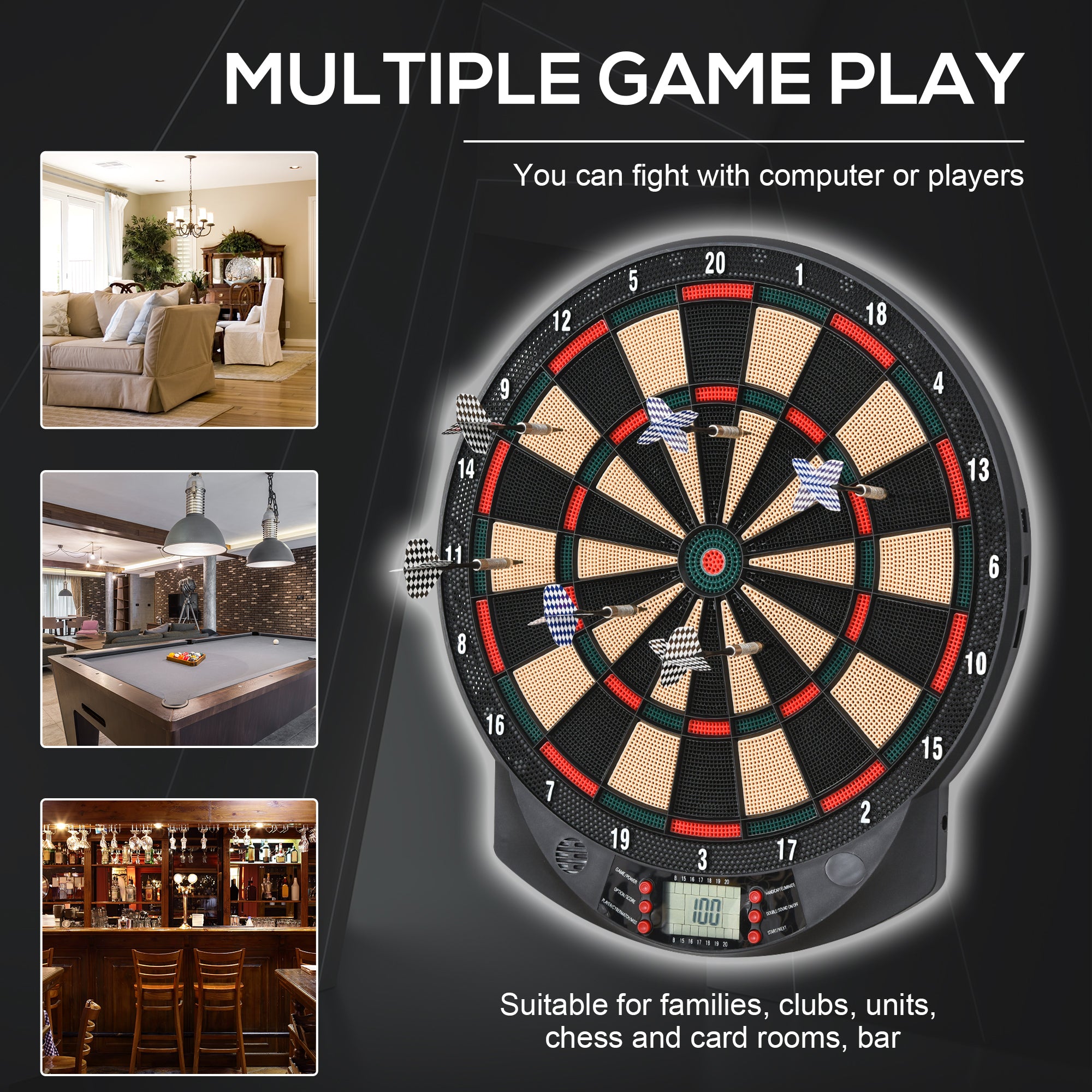 HOMCOM LCD Electronic Dartboard Set Features 26 Games w/ 185 Variations and Include 6 Darts Multi-Game Option Ready-to-Play - anydaydirect