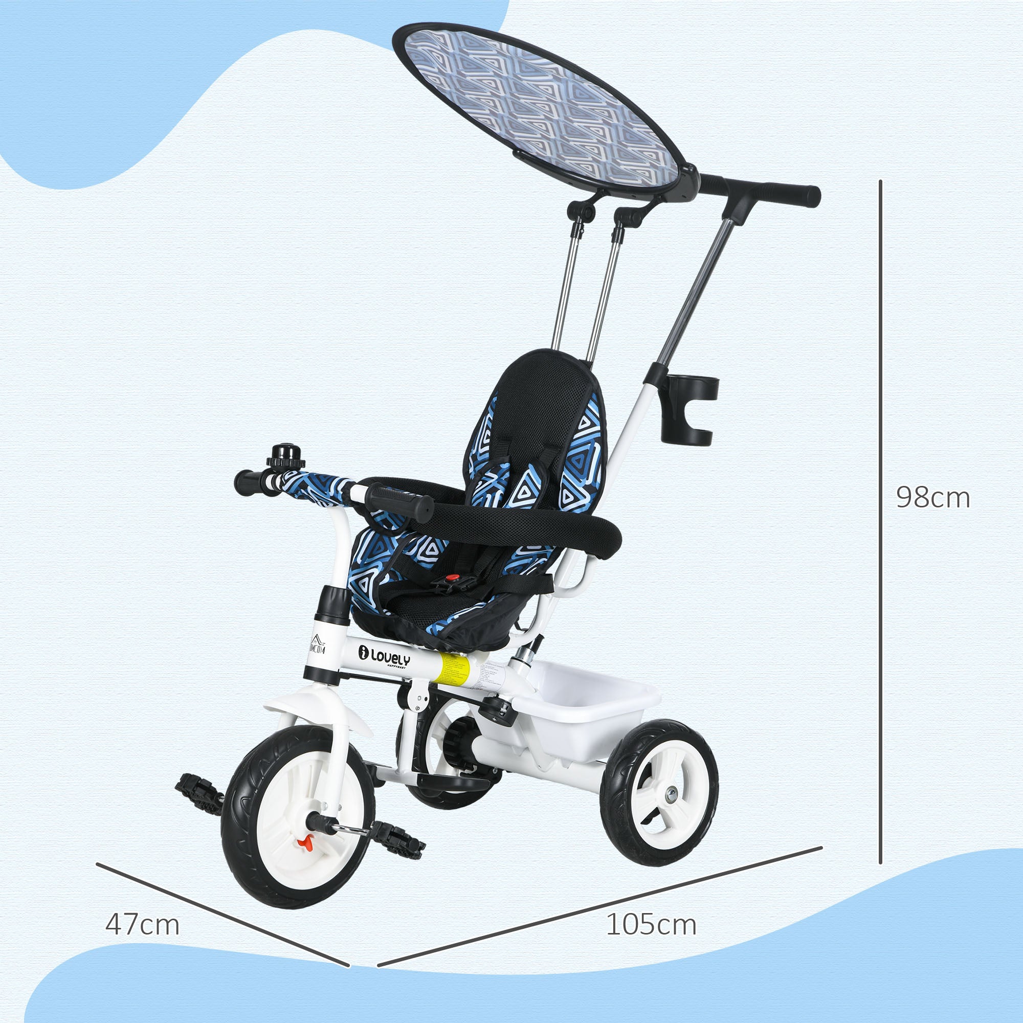 HOMCOM 4 in 1 Tricycle for Kids with 5-point harness straps, Removable Canopy, Blue - anydaydirect