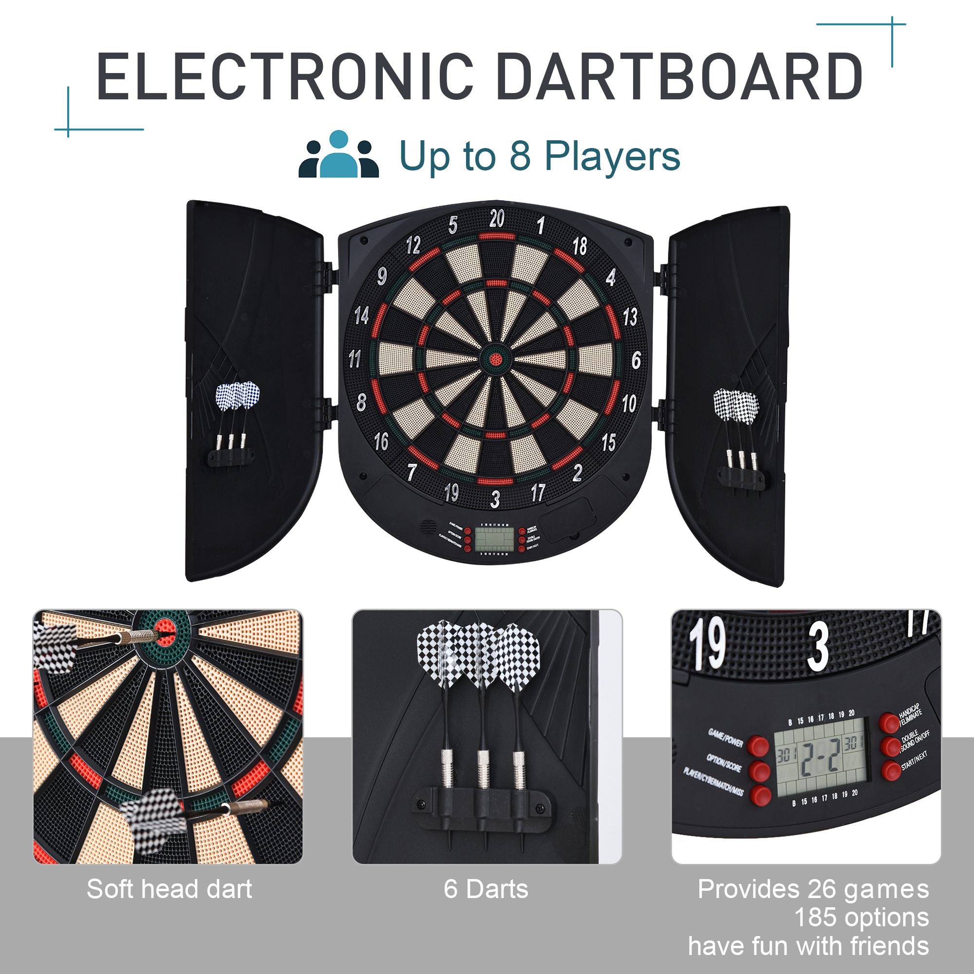 HOMCOM Electronic Dartboard Set 26 Games and 185 Variations with 6 Darts and Cabinet to Stroage Multi-Game Option Ready-to-Play - anydaydirect
