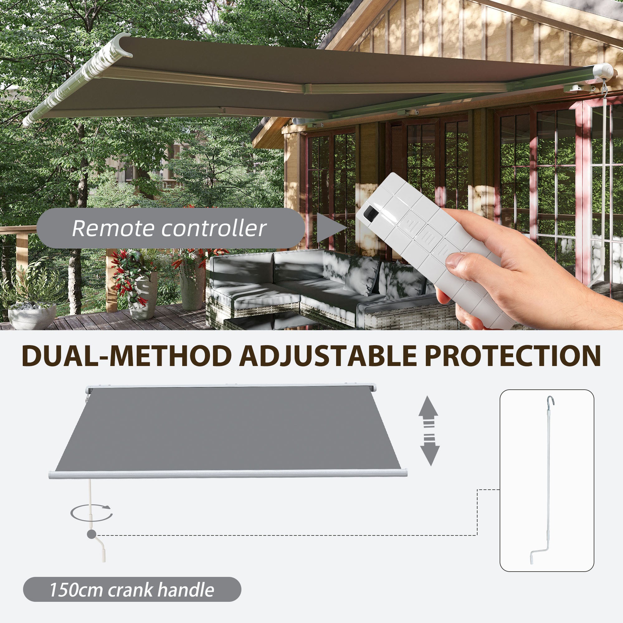 Outsunny 4x3m Full Cassette Electric/Manual Retractable Awning, Sun Canopies for Patio Door Window with Remote Controller, Grey - anydaydirect