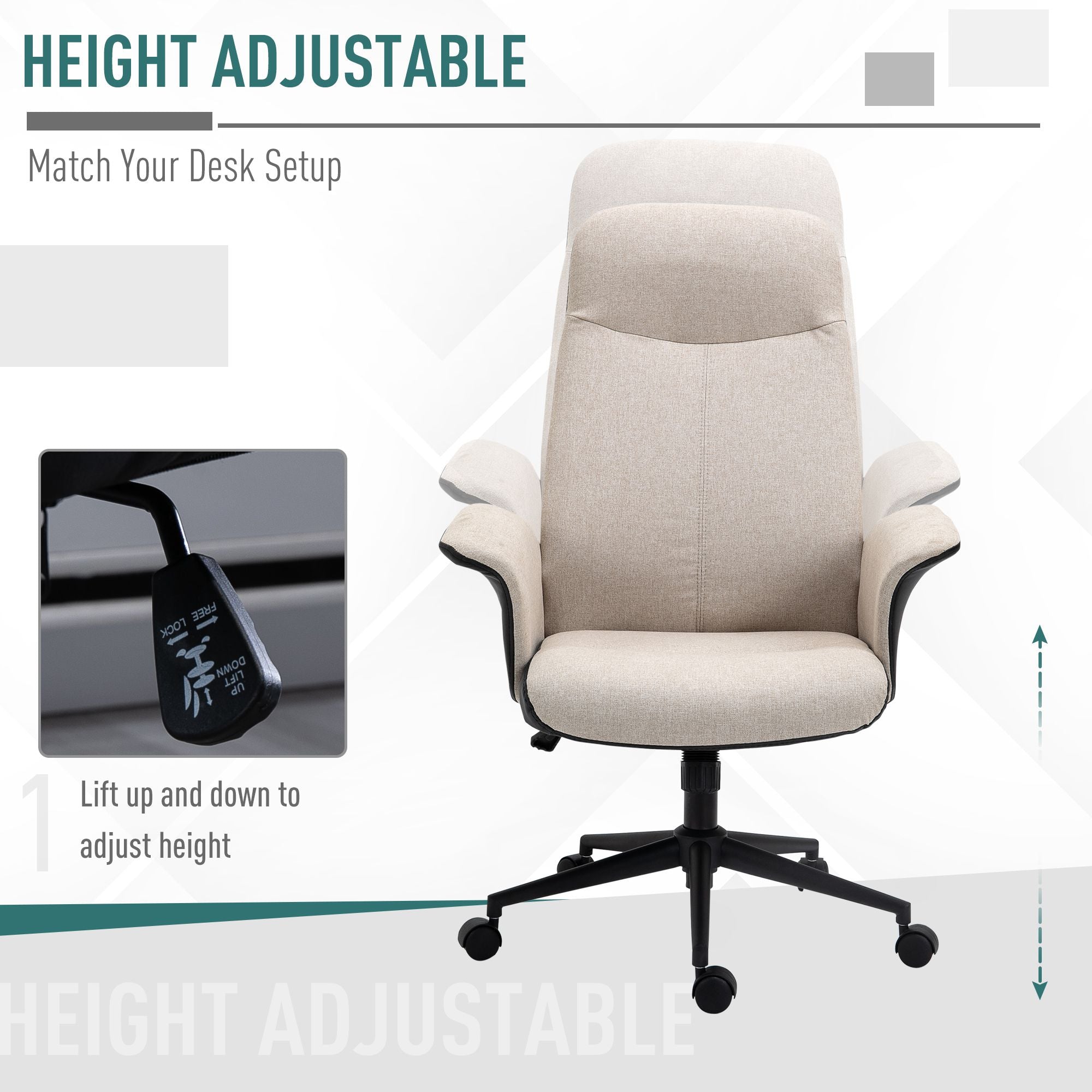 Vinsetto Office Chair, Linen Fabric Desk Chair, Comfortable Computer Chair with Adjustable Height, Padded Armrests and Swivel Wheels, Beige - anydaydirect