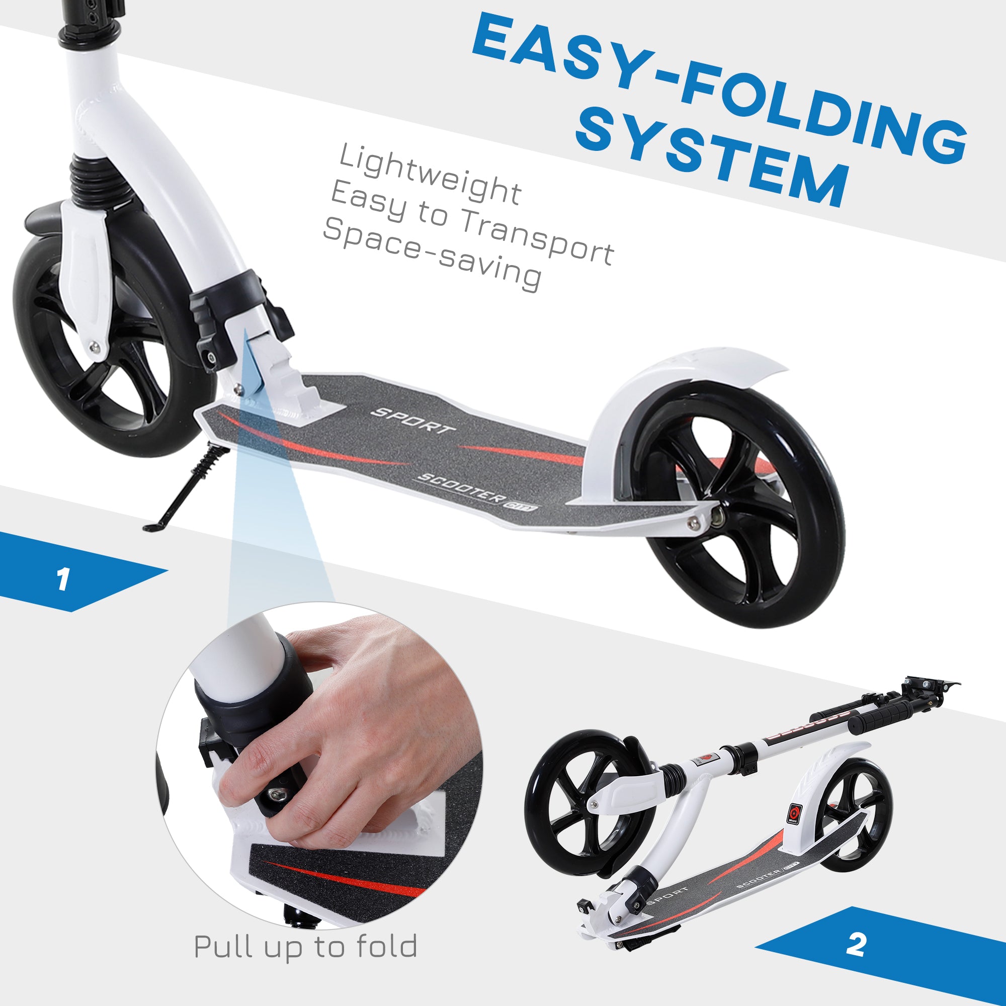 HOMCOM Foldable Kick Scooter with Double Shock Absorption and Big Wheels, Height Adjustable Aluminium Frame Big Wheel Scooter for 14+ Teens Adult - White - anydaydirect