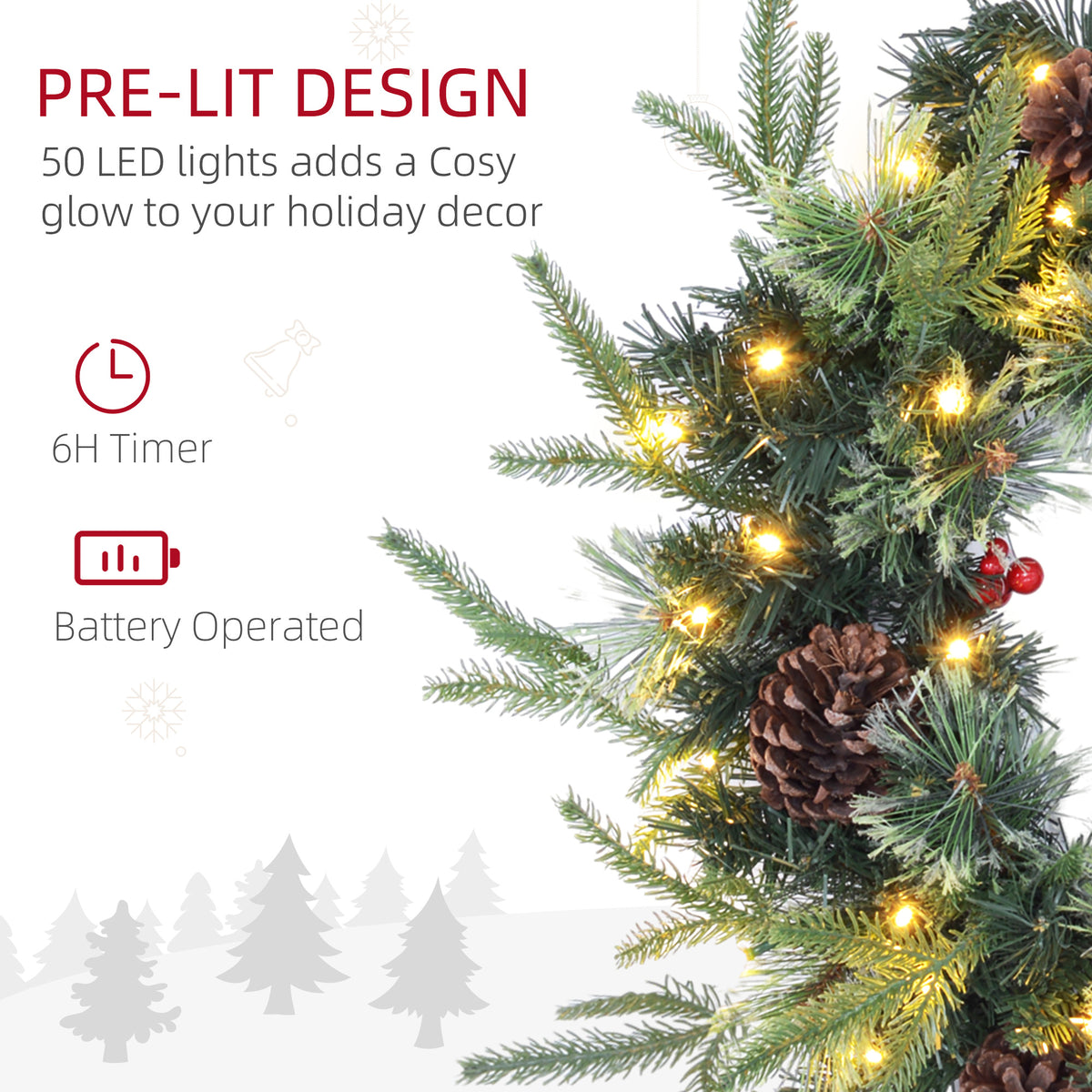 HOMCOM 60cm Pre-Lit Christmas Wreath for Front Door with LED Lights, Pine Cones and Red Berries, Winter Wreath for Windows, Wall Decoration, Green - anydaydirect