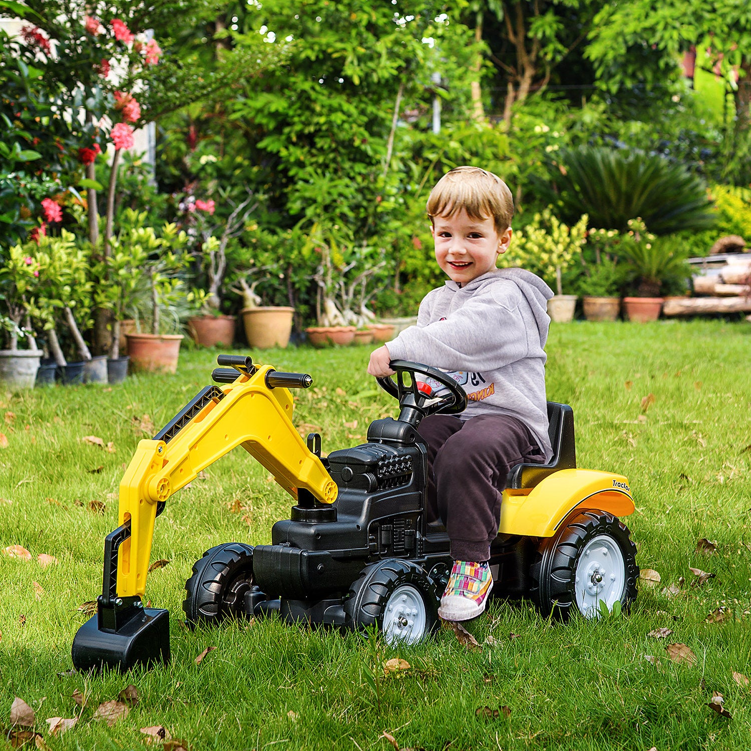 HOMCOM Pedal Digger, Ride-on Construction Toy Car with Functional Horn, Pretend Play, Yellow - anydaydirect