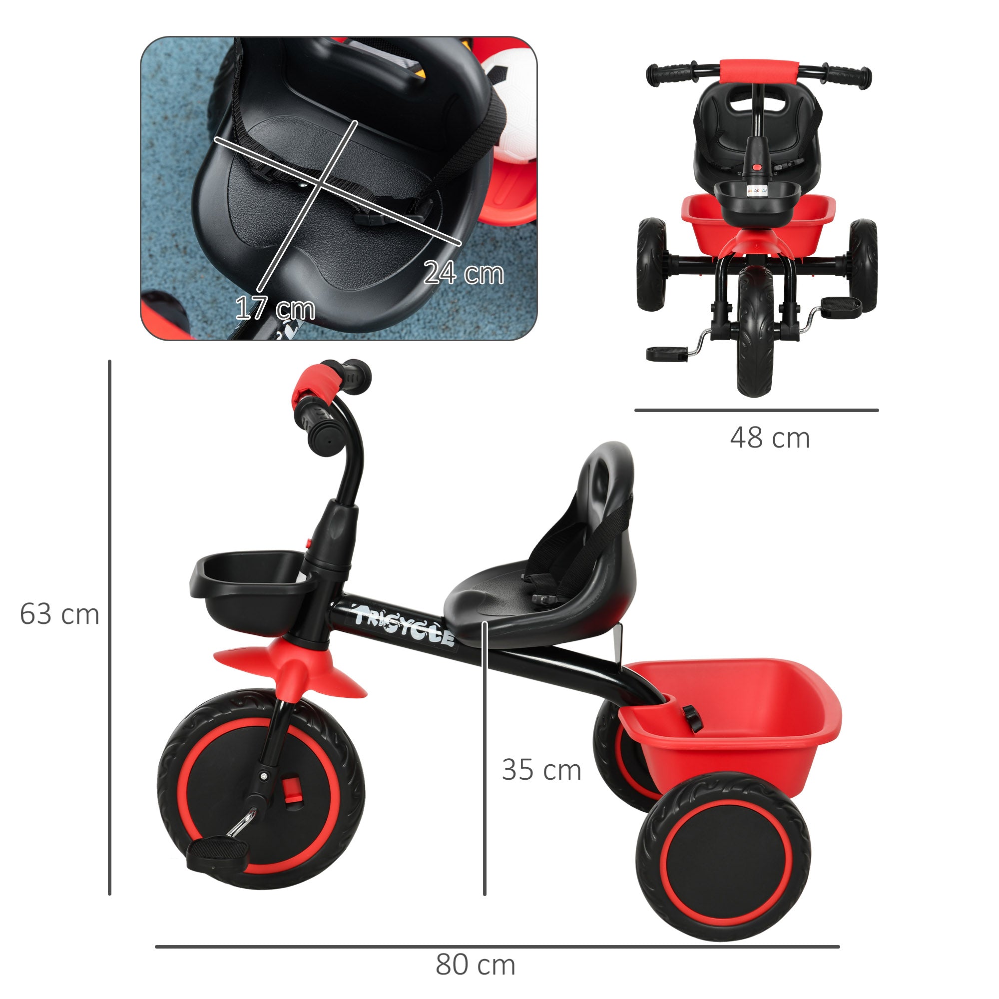 AIYAPLAY Kids Trike for 2-5 Years with Adjustable Seat, Pedal, Baskets, Red - anydaydirect