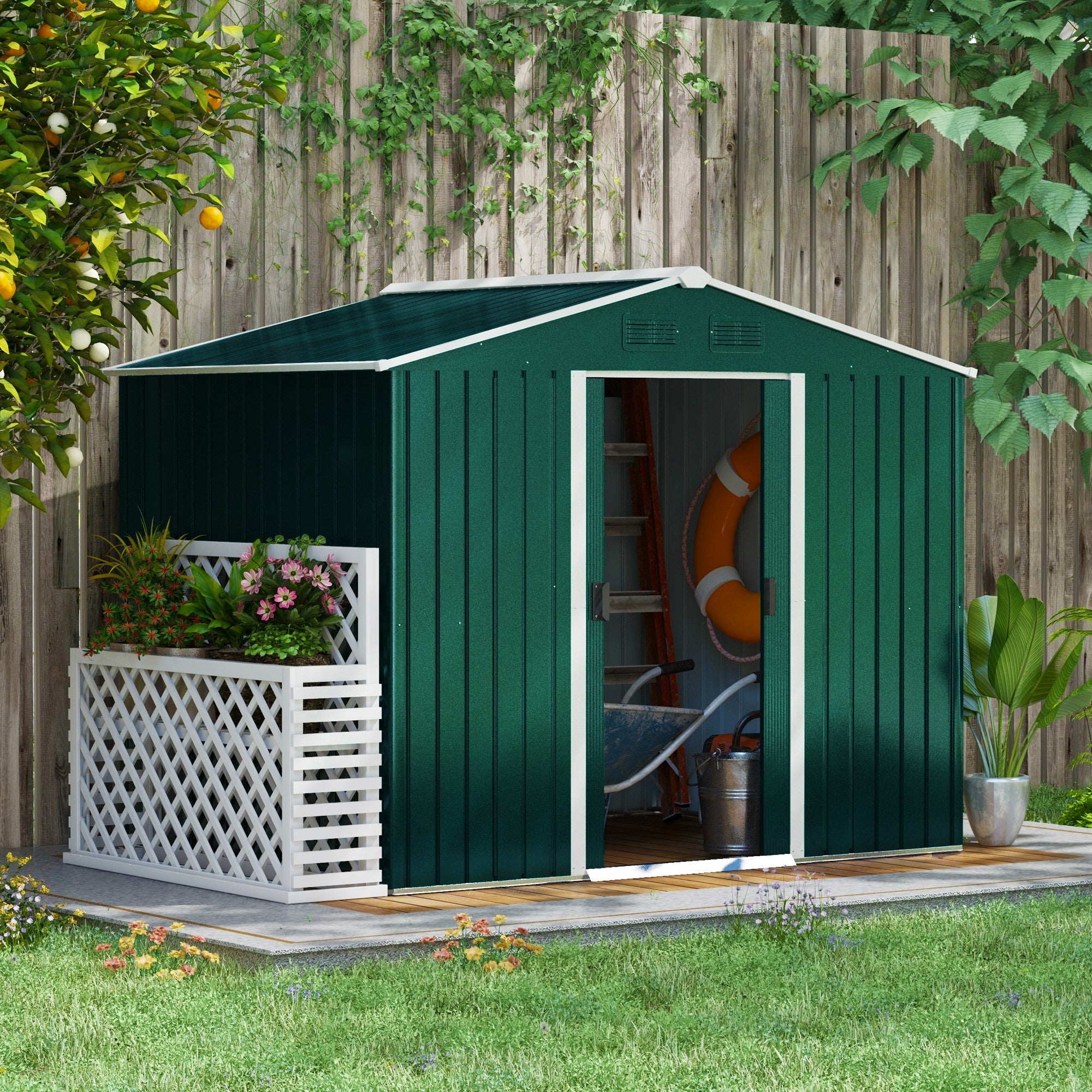 Outsunny 8 x 6 ft Metal Garden Storage Shed Corrugated Steel Roofed Tool Box with Ventilation and Sliding Doors, Green - anydaydirect