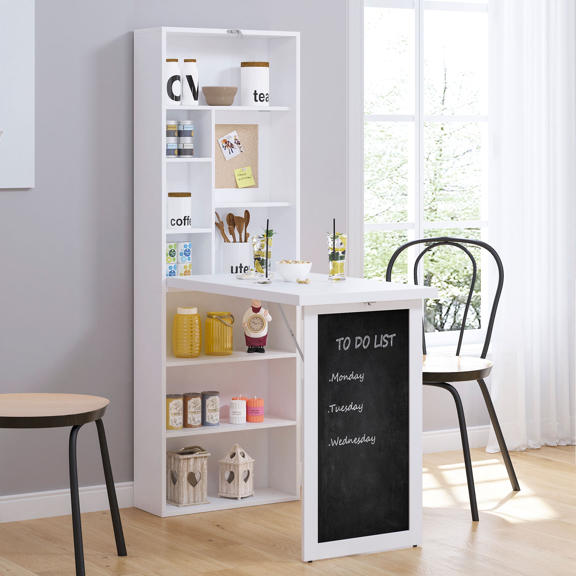 HOMCOM Wall Mounted Computer Desk, Folding Study Table with Black Board and Bookshelf, Multifunctional Floating Writing Desk for Home Office, White - anydaydirect
