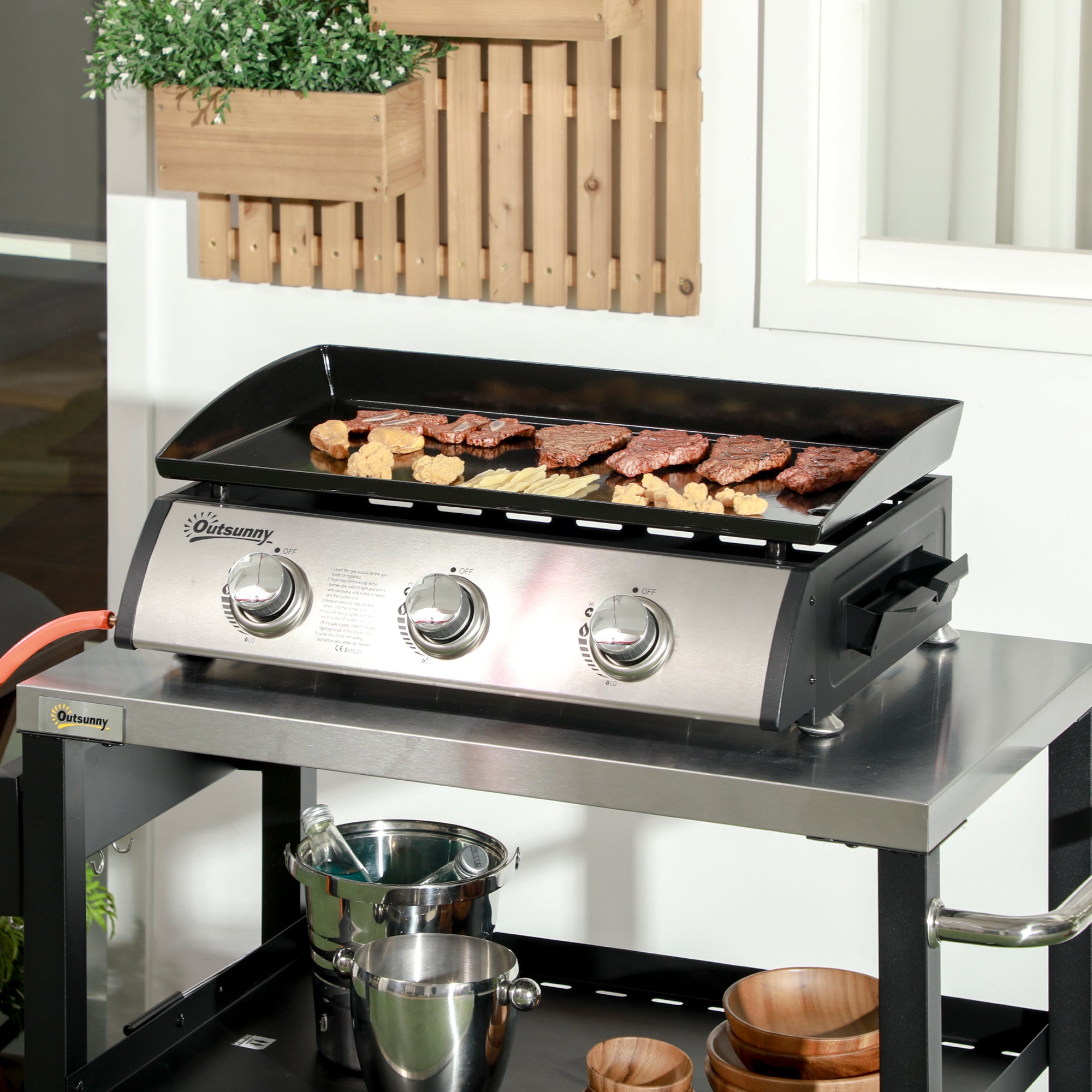 Outsunny 3 Burner Gas Plancha BBQ Grill with Lid, Black - anydaydirect