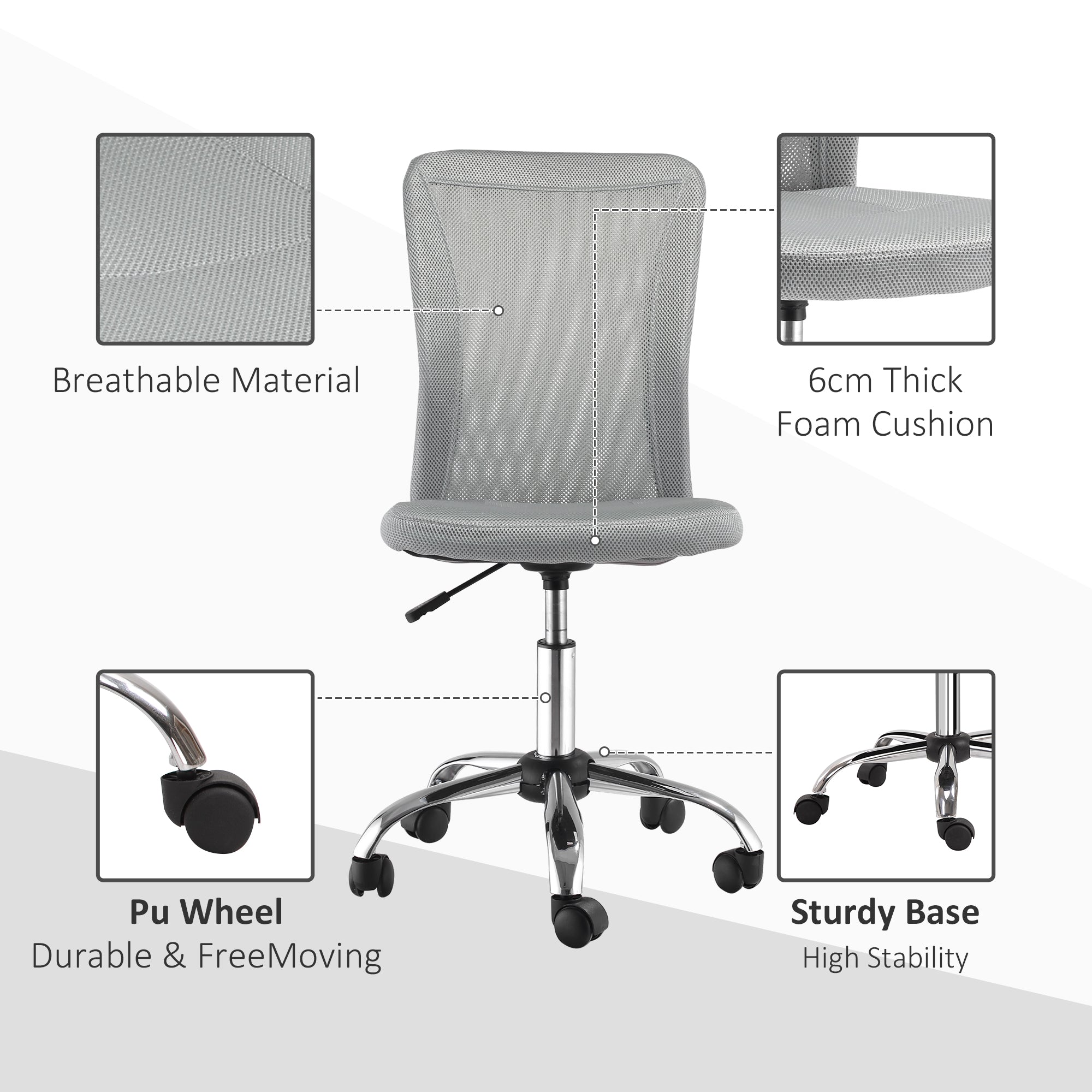 Vinsetto Office Chair, Armless Desk Chair, Adjustable Computer Swivel Chair with Rolling Wheels and Mesh Back for Home Work Study, Grey - anydaydirect