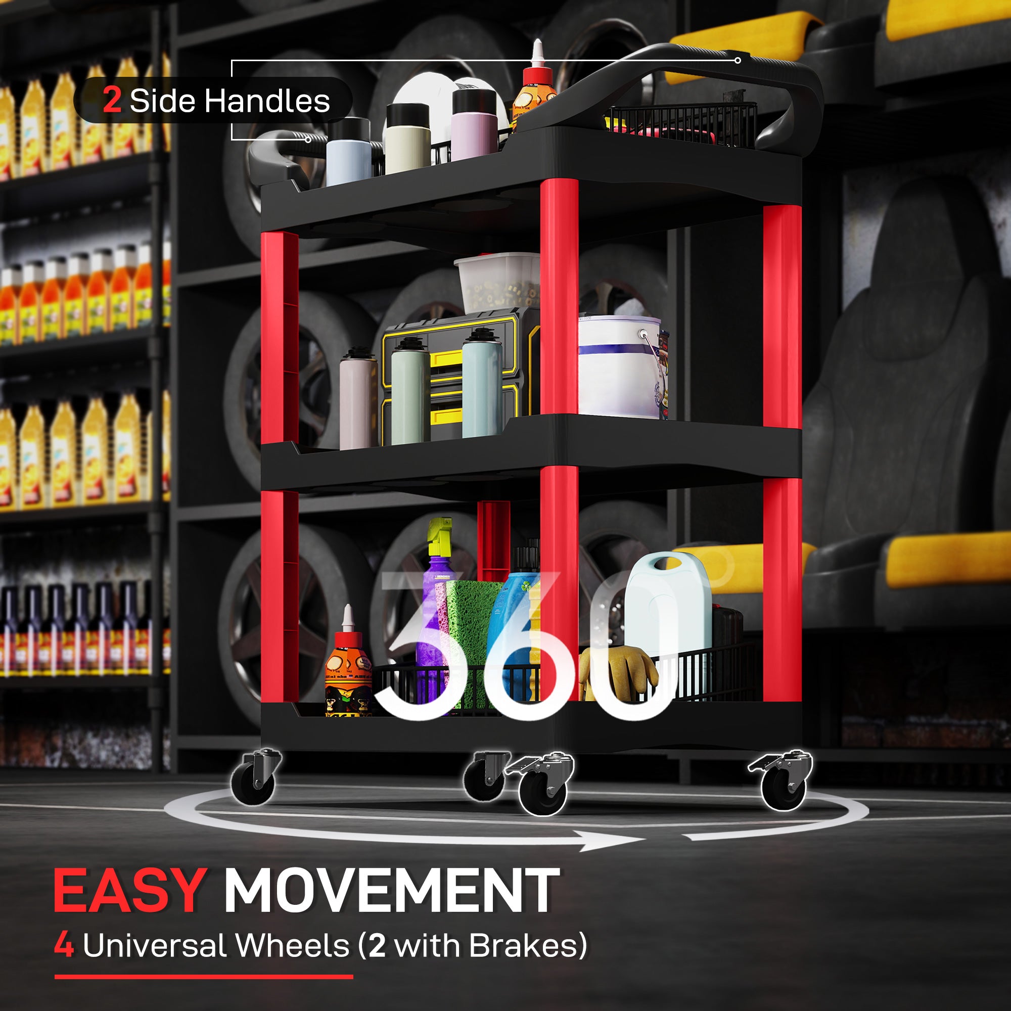 HOMCOM 3-Tier Rolling Tool Cart, Tool Trolley on Wheels, Plastic Mobile Service Utility Cart with Handles for Garage, Mechanics and Warehouse, 91kg Capacity, Black and Red - anydaydirect