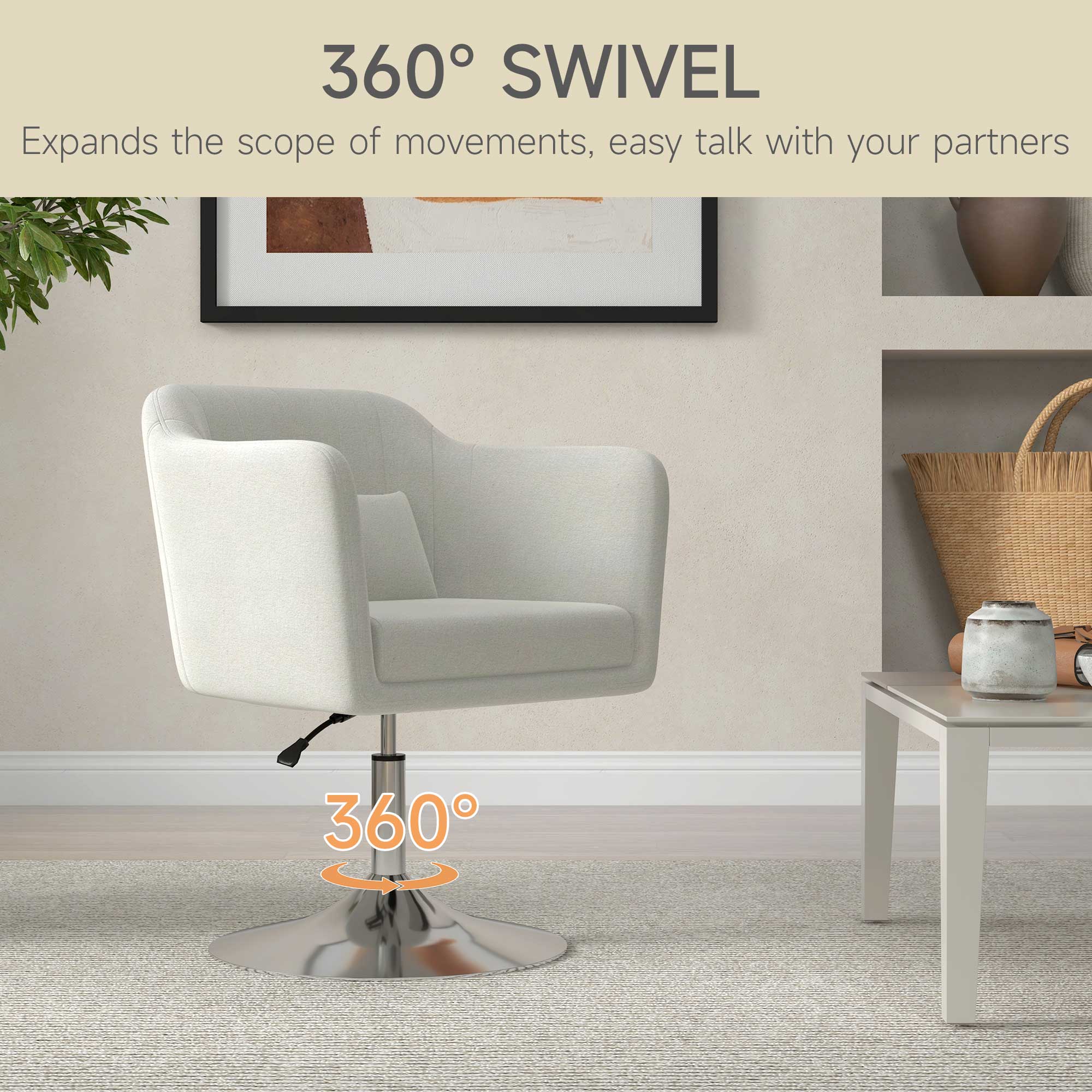 HOMCOM Modern Accent Chair with Swivel Base, Height Adjustable Arm Chair with Pillow for Living Room, Bedroom, Cream White - anydaydirect