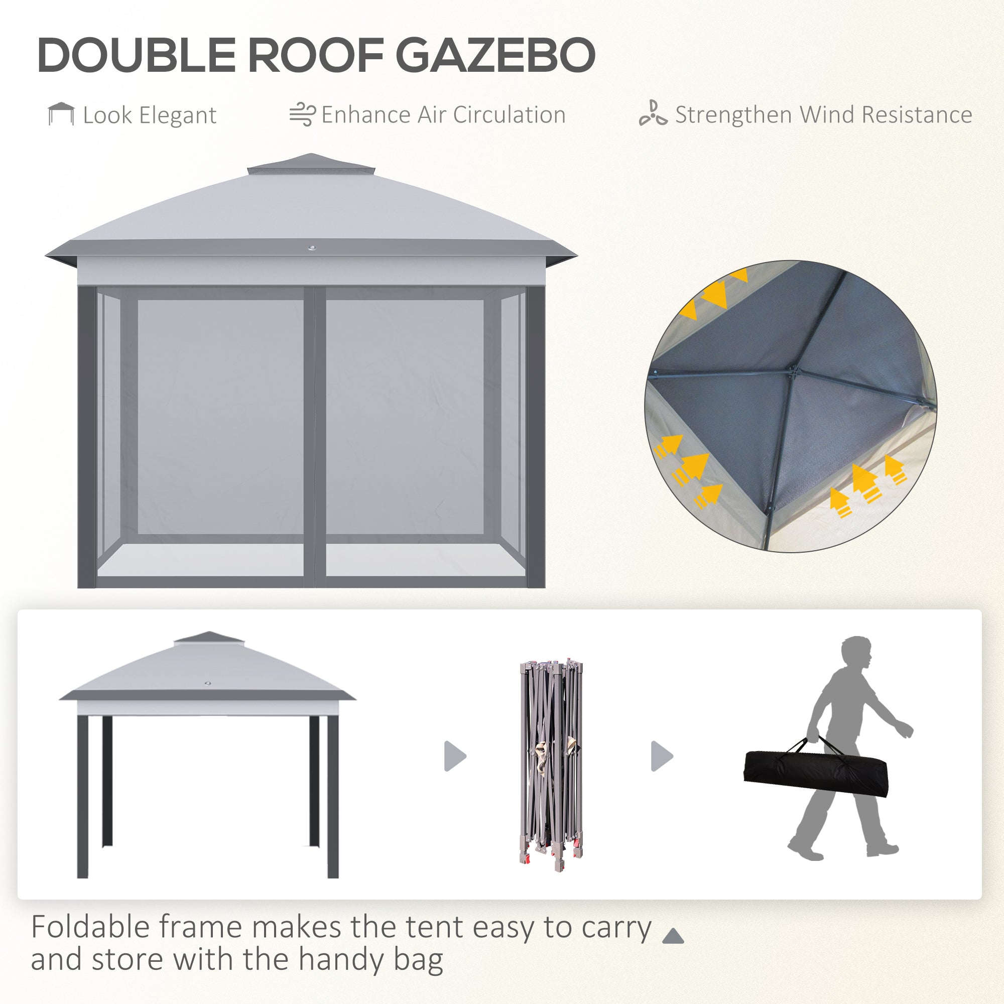 Outsunny 3.3 x 3.3m Pop Up Gazebo, Double Roof Foldable Canopy Tent with Zipped Mesh Sidewalls, Height Adjustable and Carrying Bag, Event Tent for Patio Garden, Grey - anydaydirect