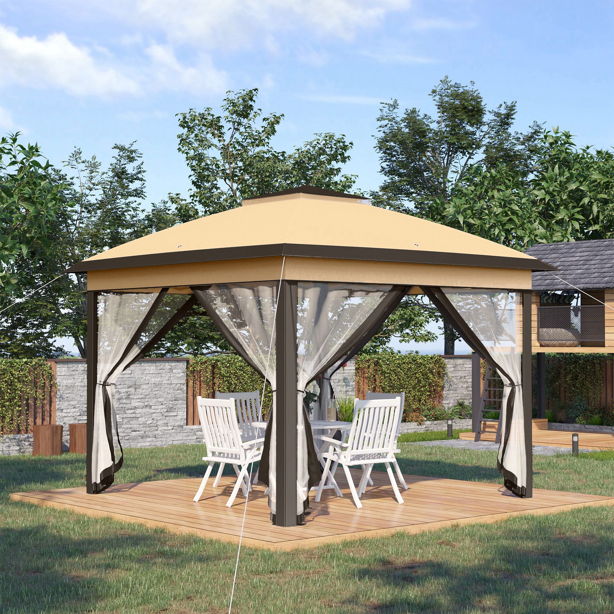 Outsunny 3.3 x 3.3m Pop Up Gazebo, Double Roof Foldable Canopy Tent with Zipped Mesh Sidewalls, Height Adjustable and Carrying Bag, Event Tent for Patio Garden, Beige - anydaydirect