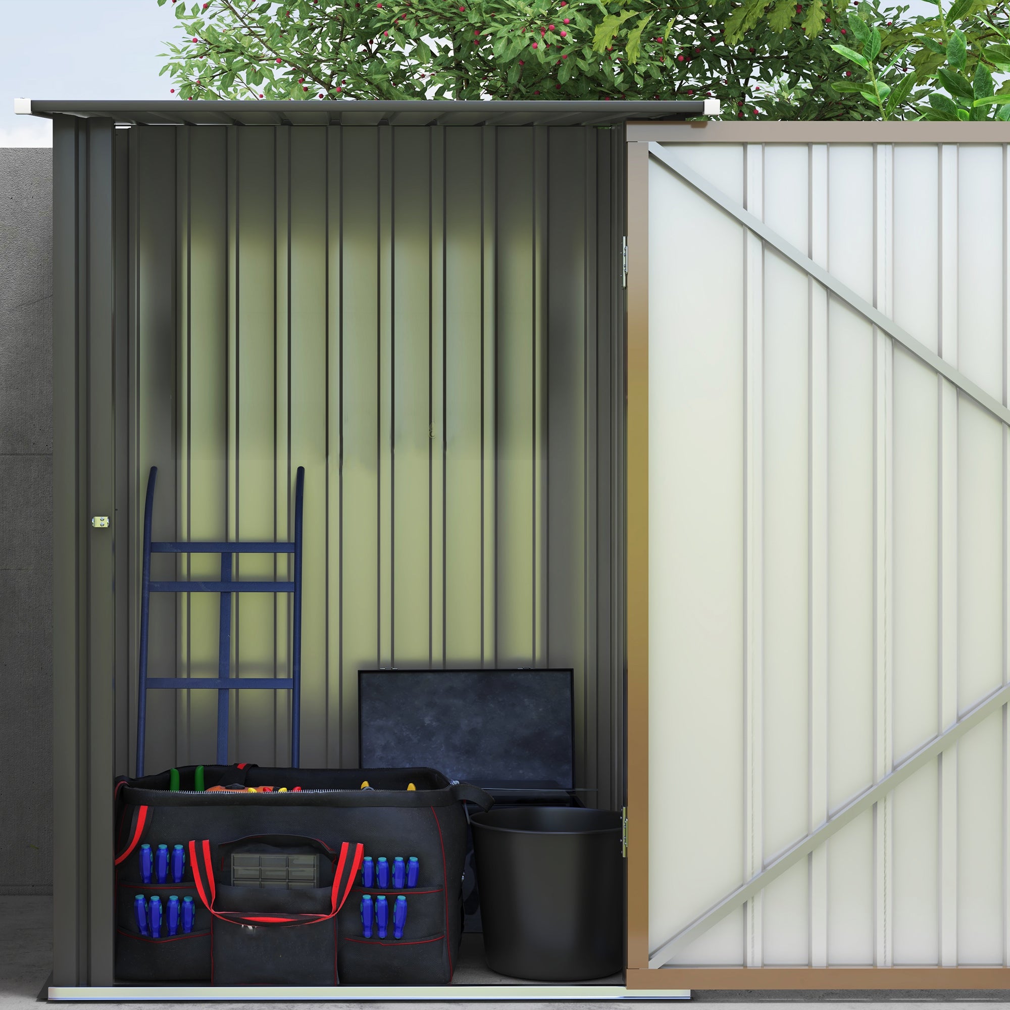 Outsunny 3.3ft x 3.4ft Lean to Garden Shed, Metal Outdoor Storage Shed w/ Single Lockable Door, Tool Storage Shed for Garden, Patio, Brown - anydaydirect