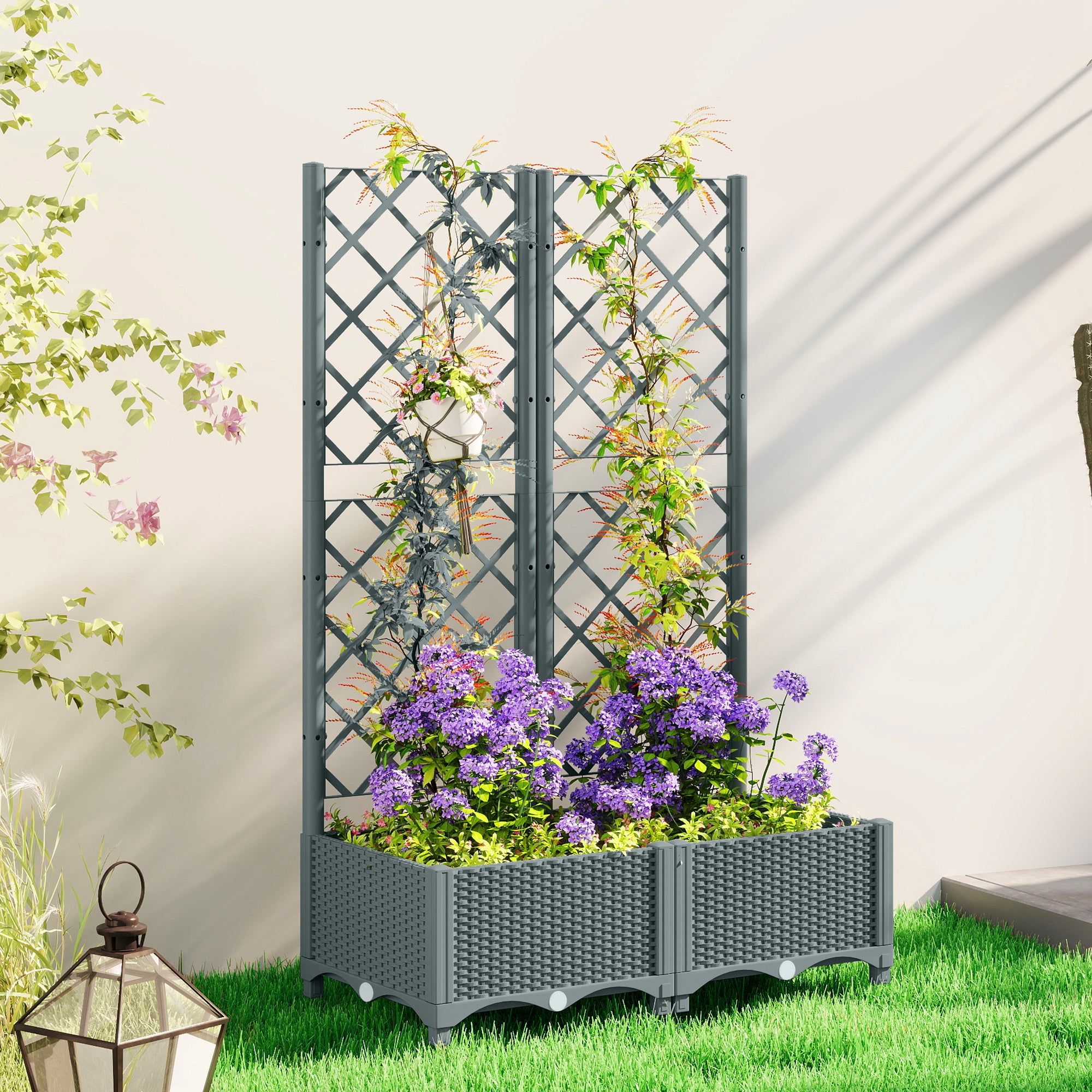Outsunny Raised Garden Bed with Trellis, Plastic Planter Box with Drainage Holes, Drain Plugs and Water Reservoirs for Climbing Plants, Vegetables, Flowers, Grey - anydaydirect