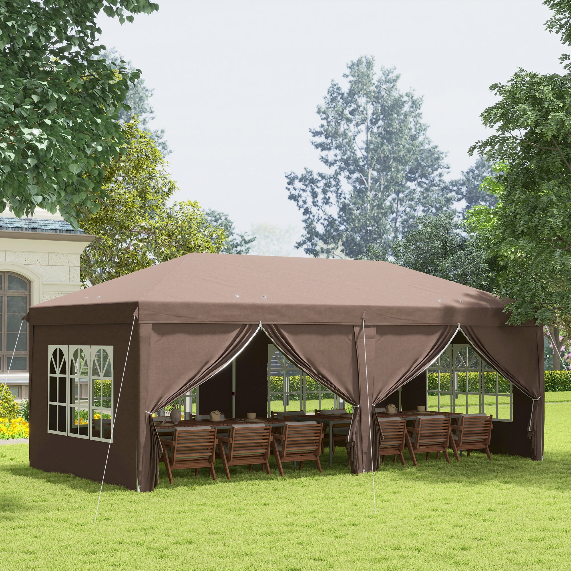 Outsunny 3 x 6 m Pop Up Gazebo with Sides and Windows, Height Adjustable Party Tent with Storage Bag for Garden, Camping, Event, Brown - anydaydirect