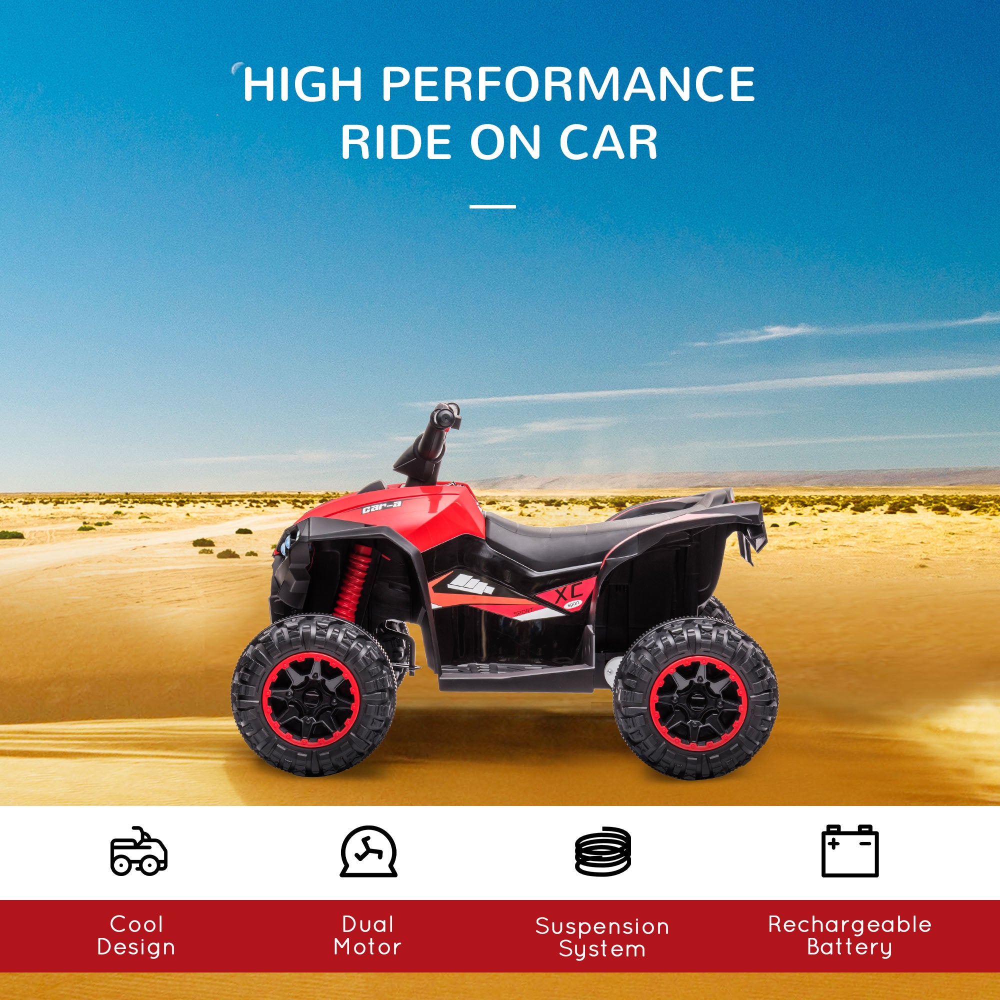 HOMCOM 12V Ride-On Quad Bike w/ Music, Horn, for Ages 3-5 Years - Red - anydaydirect