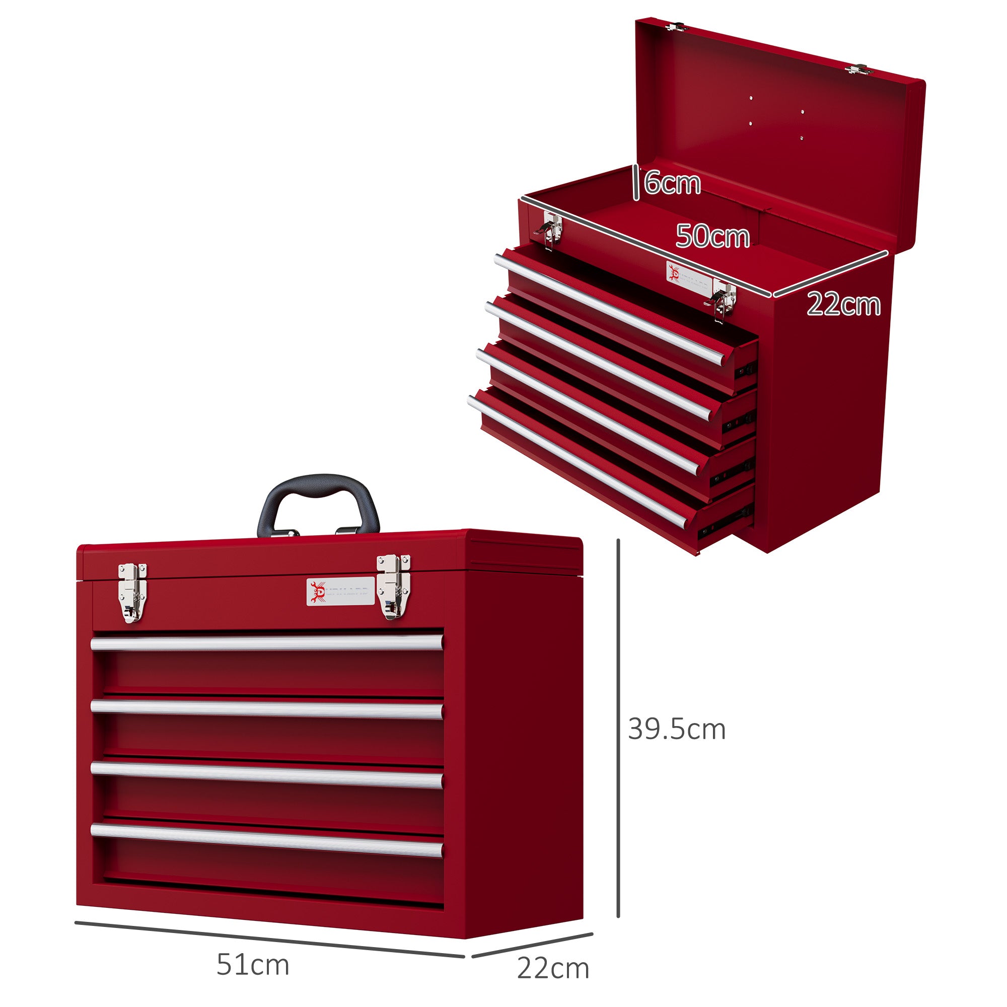 DURHAND Lockable Metal Tool Box, 4 Drawer Tool Chest with Latches, Handle, Ball Bearing Runners, Red - anydaydirect