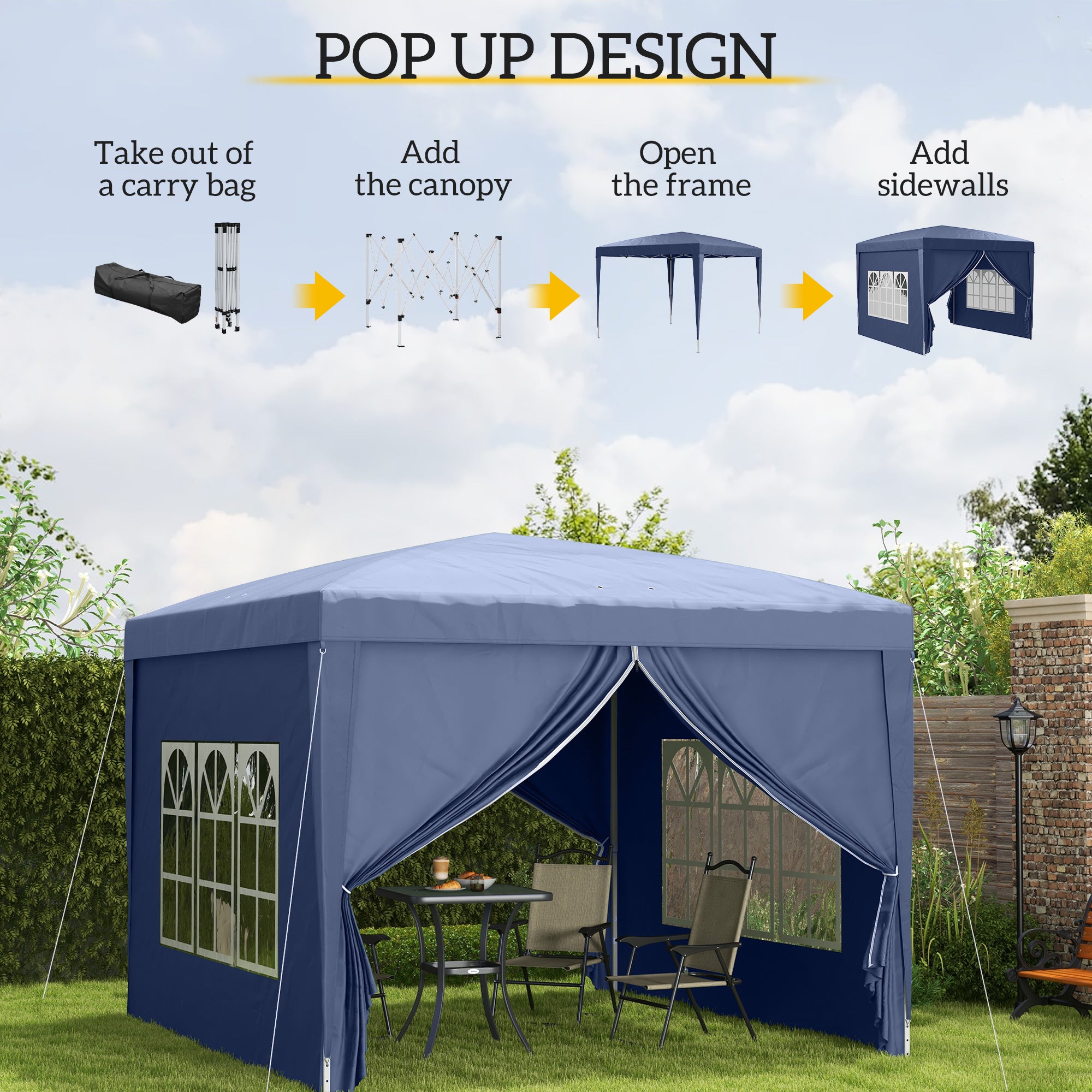 Outsunny 3 x 3(m) Pop Up Gazebo, Water and UV Resistant Party Tent Camping Canopy Marquee with Carry Bag, Blue - anydaydirect