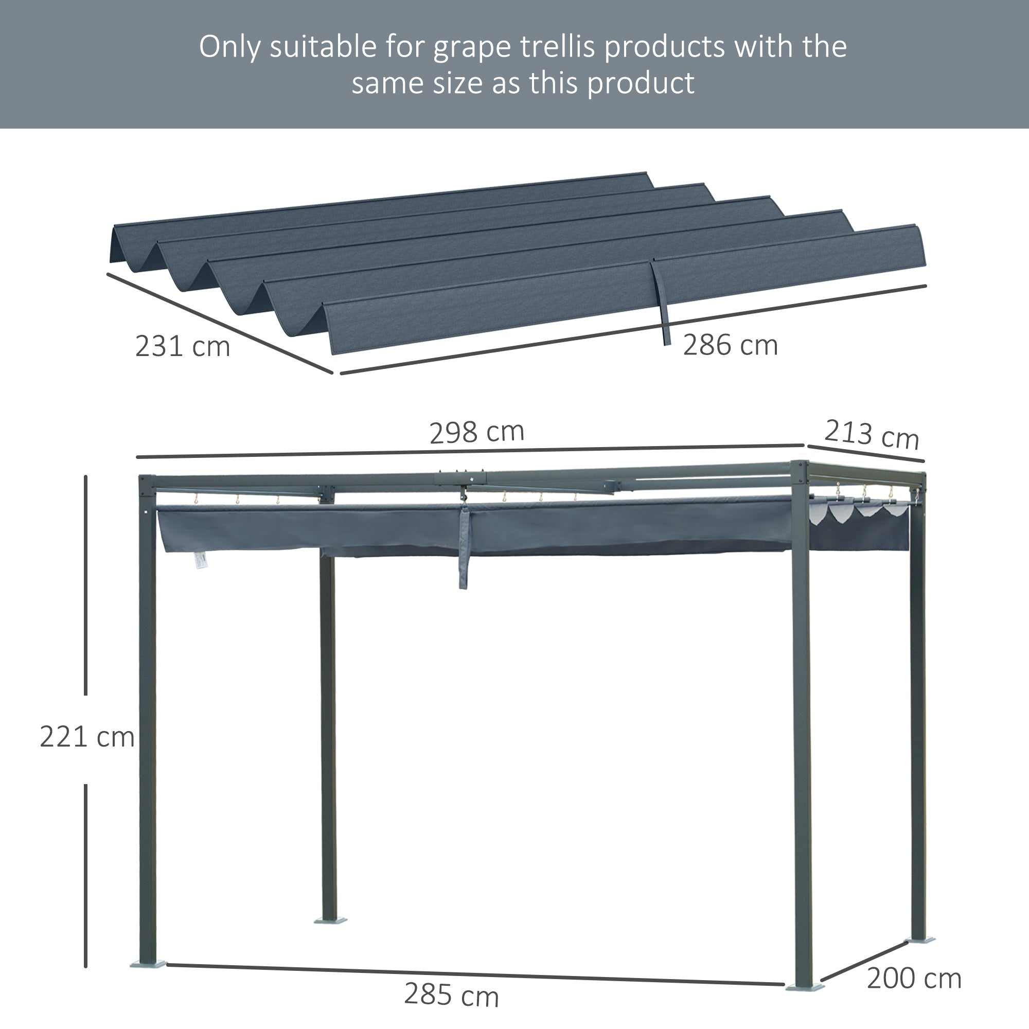 Outsunny Pergola Roof, Retractable Sun Shade Cover for 2.85 x 2m Pergola, UV30+ Protected, Dark Grey - anydaydirect