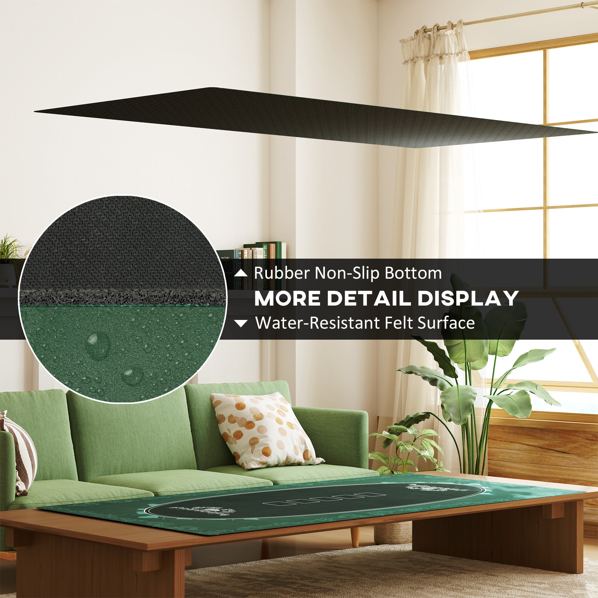 SPORTNOW 239.3 x 115.5 cm Professional Texas Hold'em Poker Mat 12 Player Water-Resistant Poker Table Top Rubber Poker Table Mat with Felt Surface Carry Bag, Green - anydaydirect