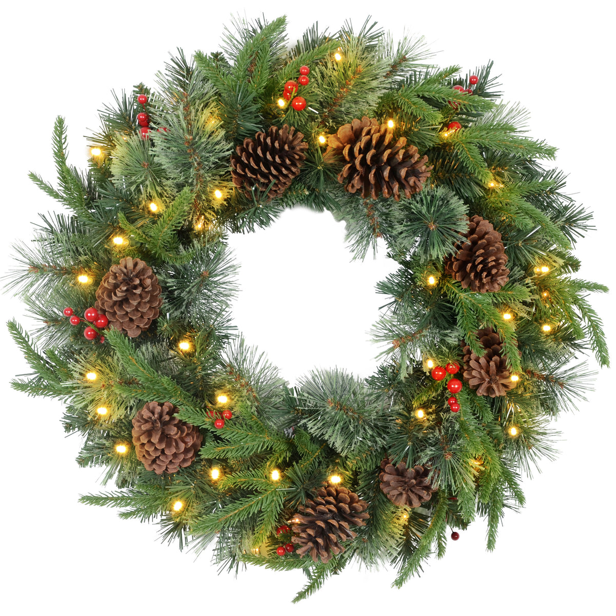 HOMCOM 60cm Pre-Lit Christmas Wreath for Front Door with LED Lights, Pine Cones and Red Berries, Winter Wreath for Windows, Wall Decoration, Green - anydaydirect