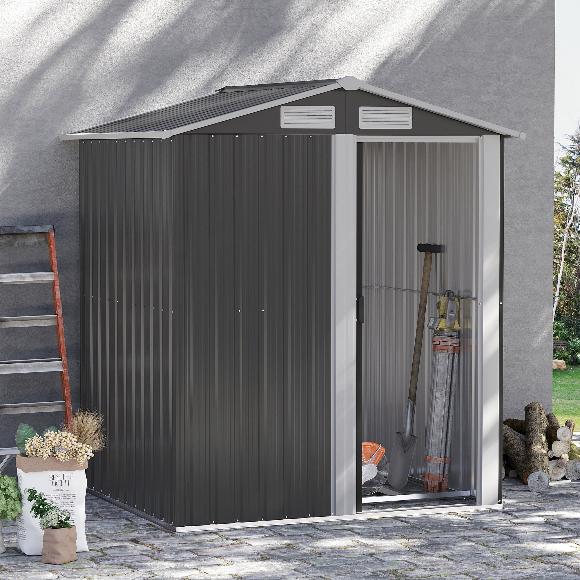 Outsunny 5ft x 4ft Garden Metal Storage Shed, Tool Storage Shed with Sliding Door, Sloped Roof and Floor Foundation for Garden, Backyard, Patio, Grey - anydaydirect