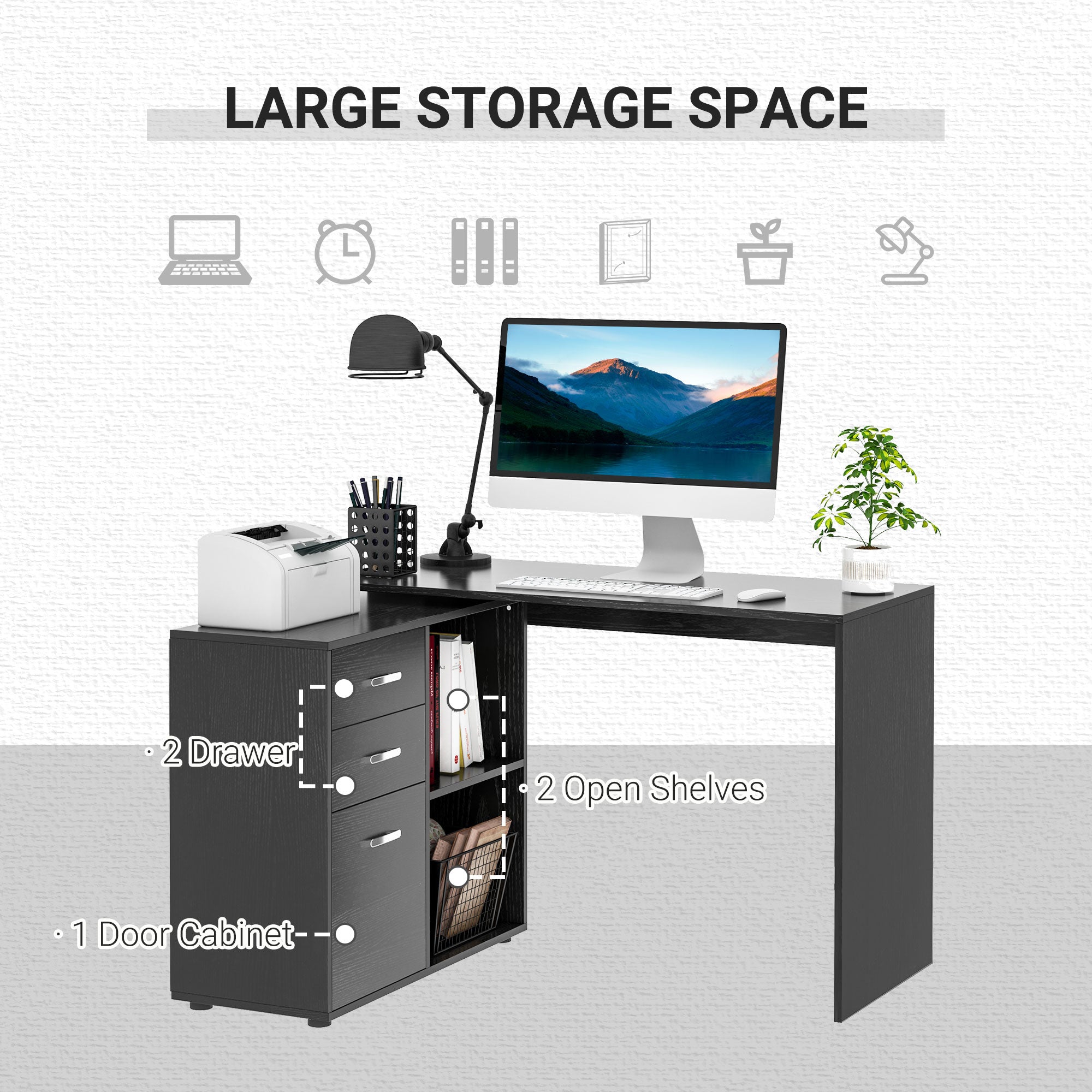 HOMCOM L Shaped Computer Desk, Reversible Home Office Desk with Drawers, File Cabinet and Storage Shelves, Study Table, 117 x 83.5 x 76cm, Black - anydaydirect