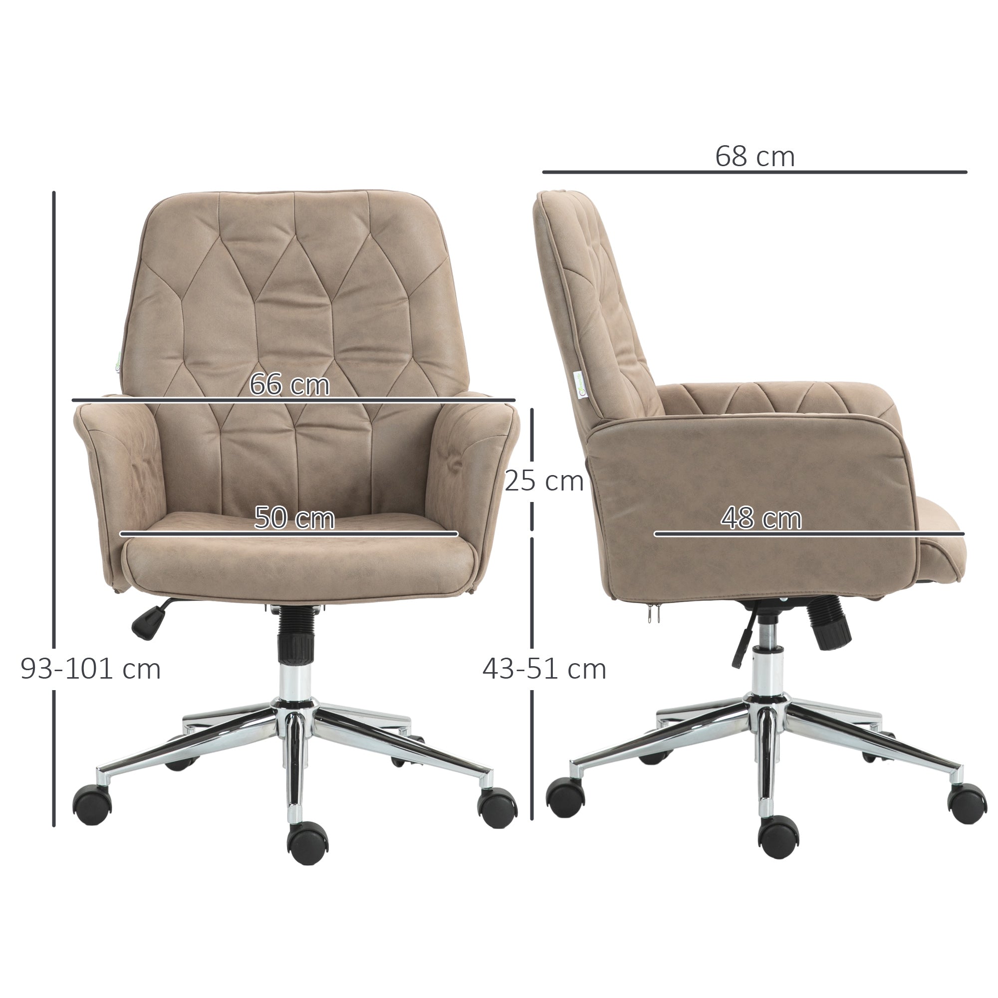 Vinsetto Microfibre Computer Chair with Armrest, Modern Swivel Chair with Adjustable Height, Khaki - anydaydirect