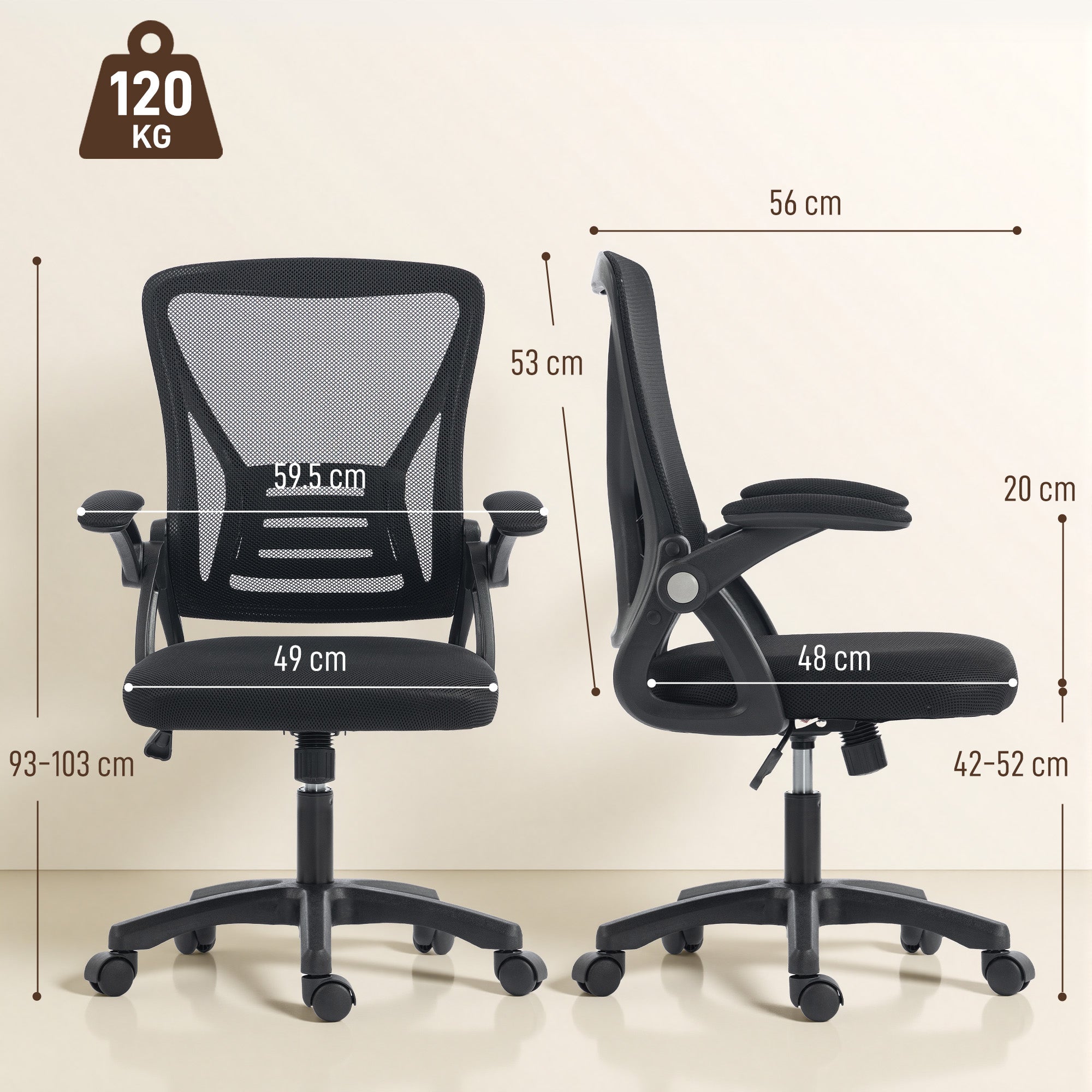 HOMCOM Office Chair, Mesh Desk Chair with Flip-up Armrests, Lumbar Support, Adjustable Height, Black - anydaydirect
