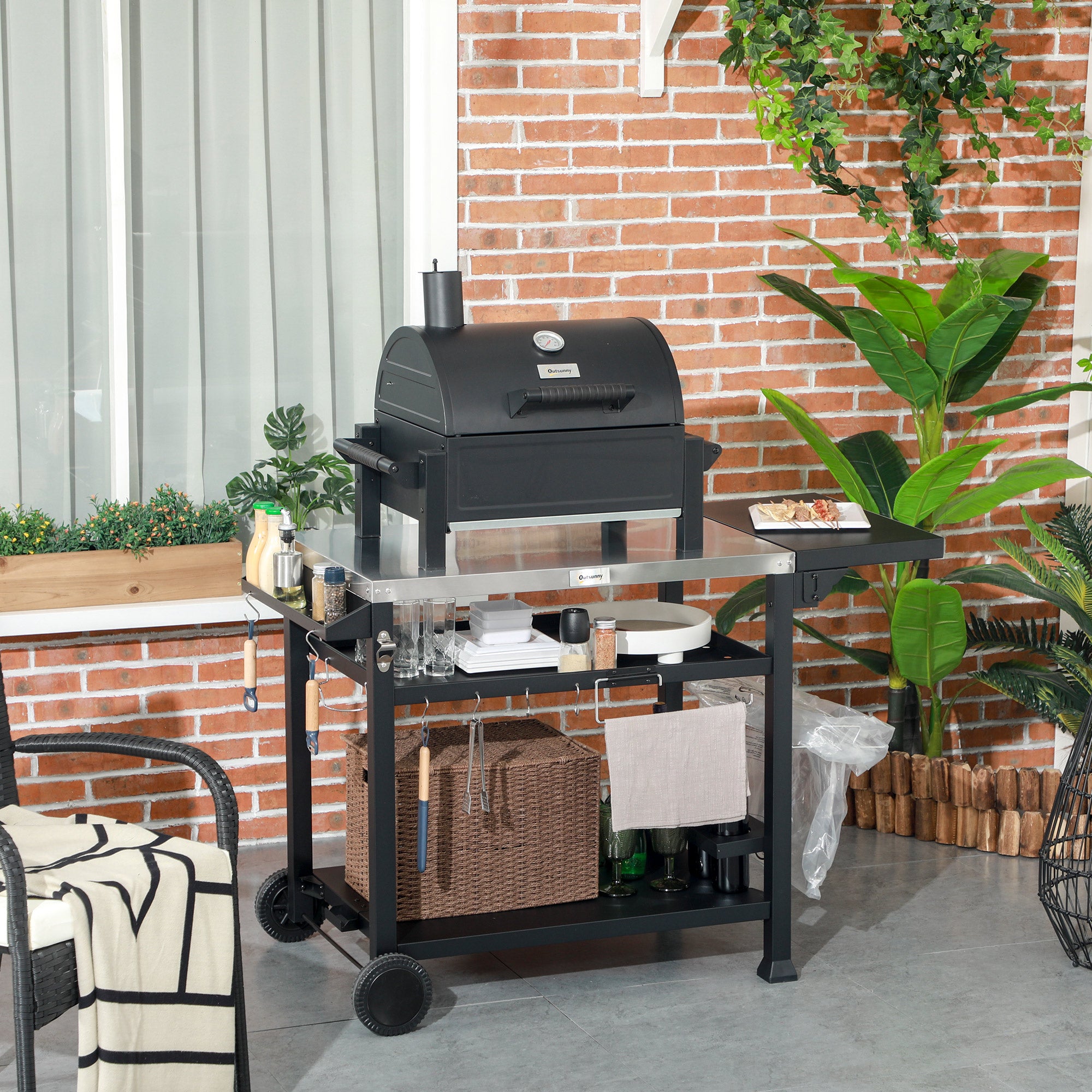 Outsunny Multi-Feature BBQ Grill Table, with Stainless Steel Top - Black - anydaydirect