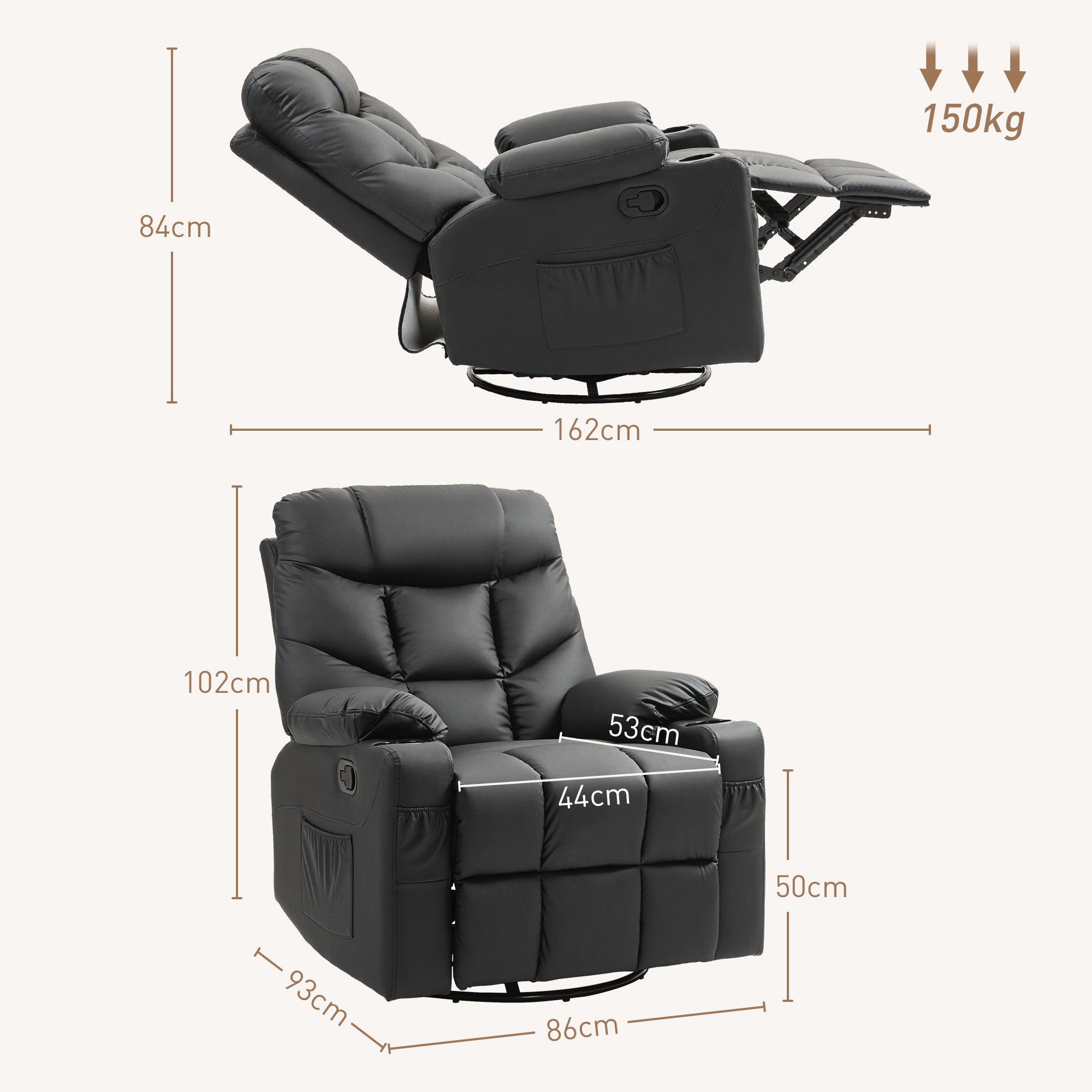 HOMCOM Manual Reclining Chair, Recliner Armchair with Swivel, Faux Leather, Footrest, Cup Holders, 86x93x102cm, Black - anydaydirect