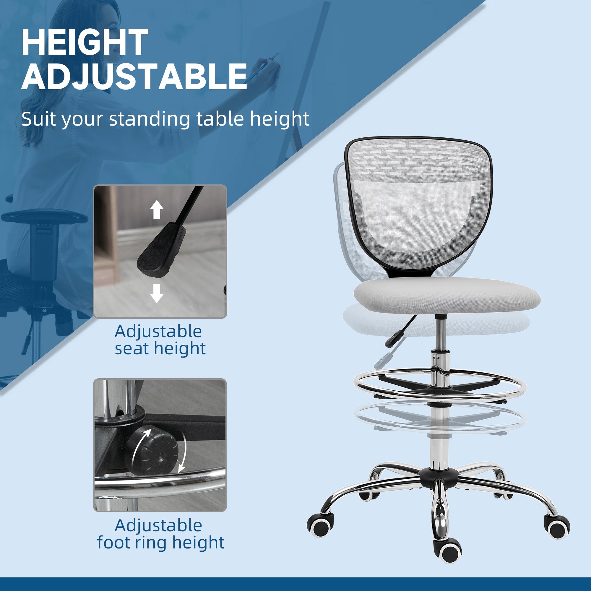 Vinsetto 68-88cm Draughtsman Office Chair, with Wheels - Light Grey - anydaydirect