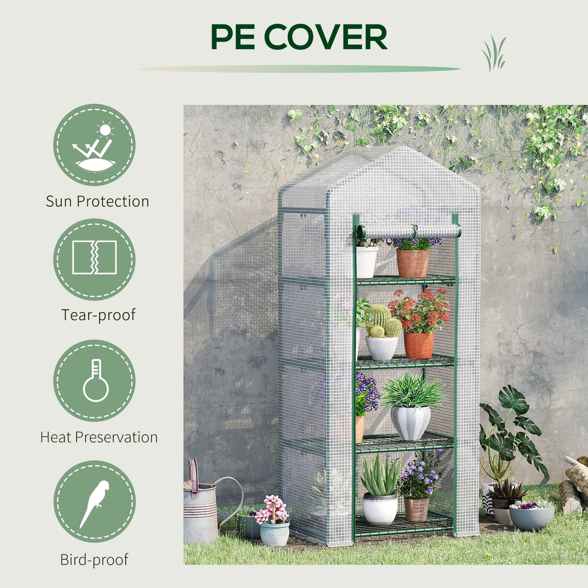 Outsunny 4 Tier Mini Greenhouse, Portable Compact Green House with Steel Frame, PE Cover, Roll-up Door, 70 x 50 x 160 cm, White - anydaydirect