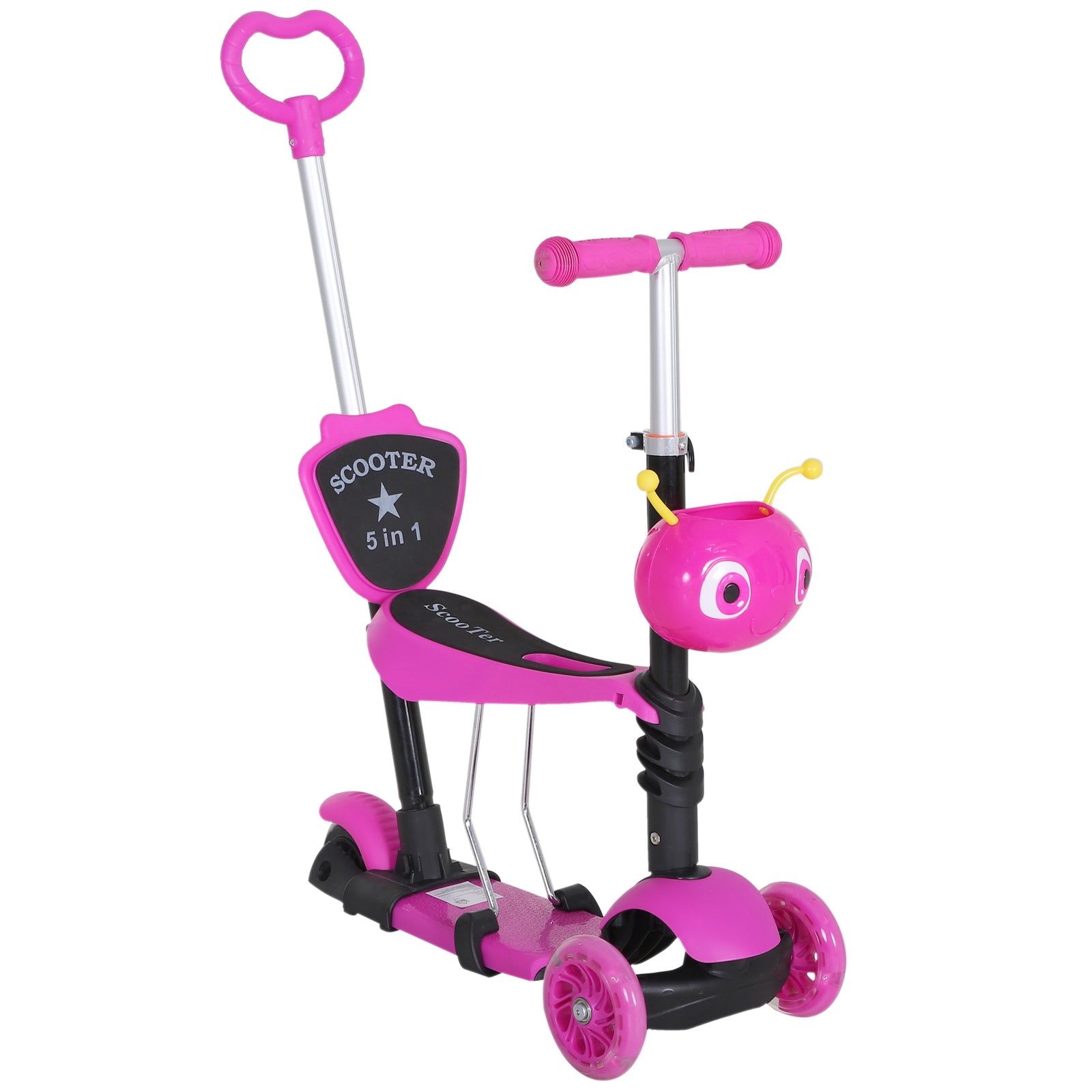 HOMCOM 5-in-1 Kids Toddler 3 Wheels Mini Kick Scooter Push Walker with Removable Seat & Back Rest for Girls and Boys Pink - anydaydirect