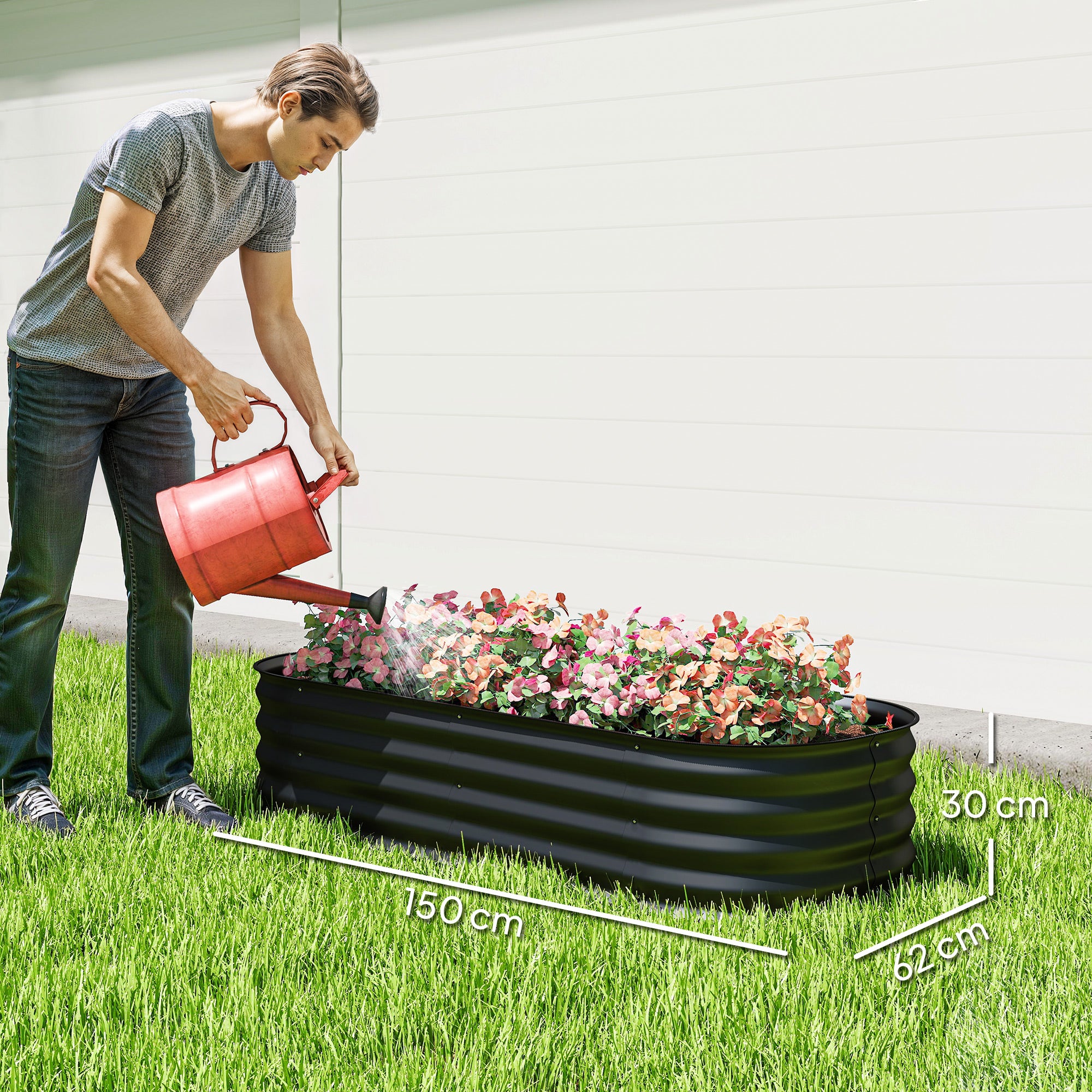 Outsunny Galvanised Raised Garden Bed, Metal Planter Box with Safety Edging, for Flowers, Herbs, Succulents, Black - anydaydirect
