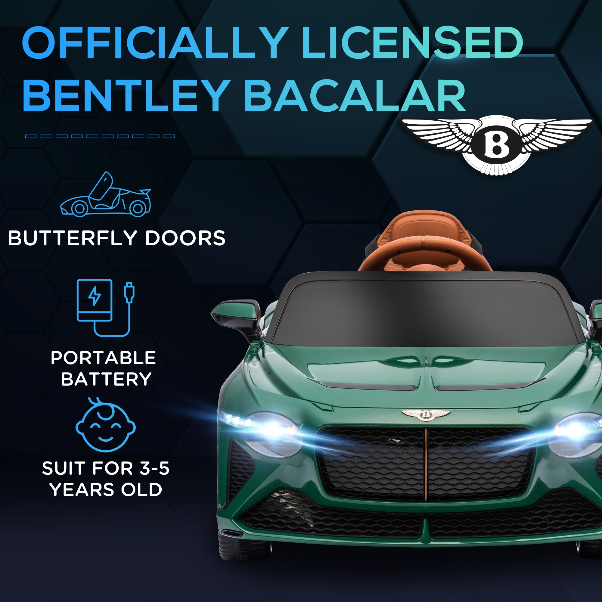 HOMCOM Bentley Bacalar Licensed 12V Kids Electric Ride on Car w/ Remote Control, Powered Electric Car w/ Portable Battery, for Kids Aged 3-5, Green - anydaydirect