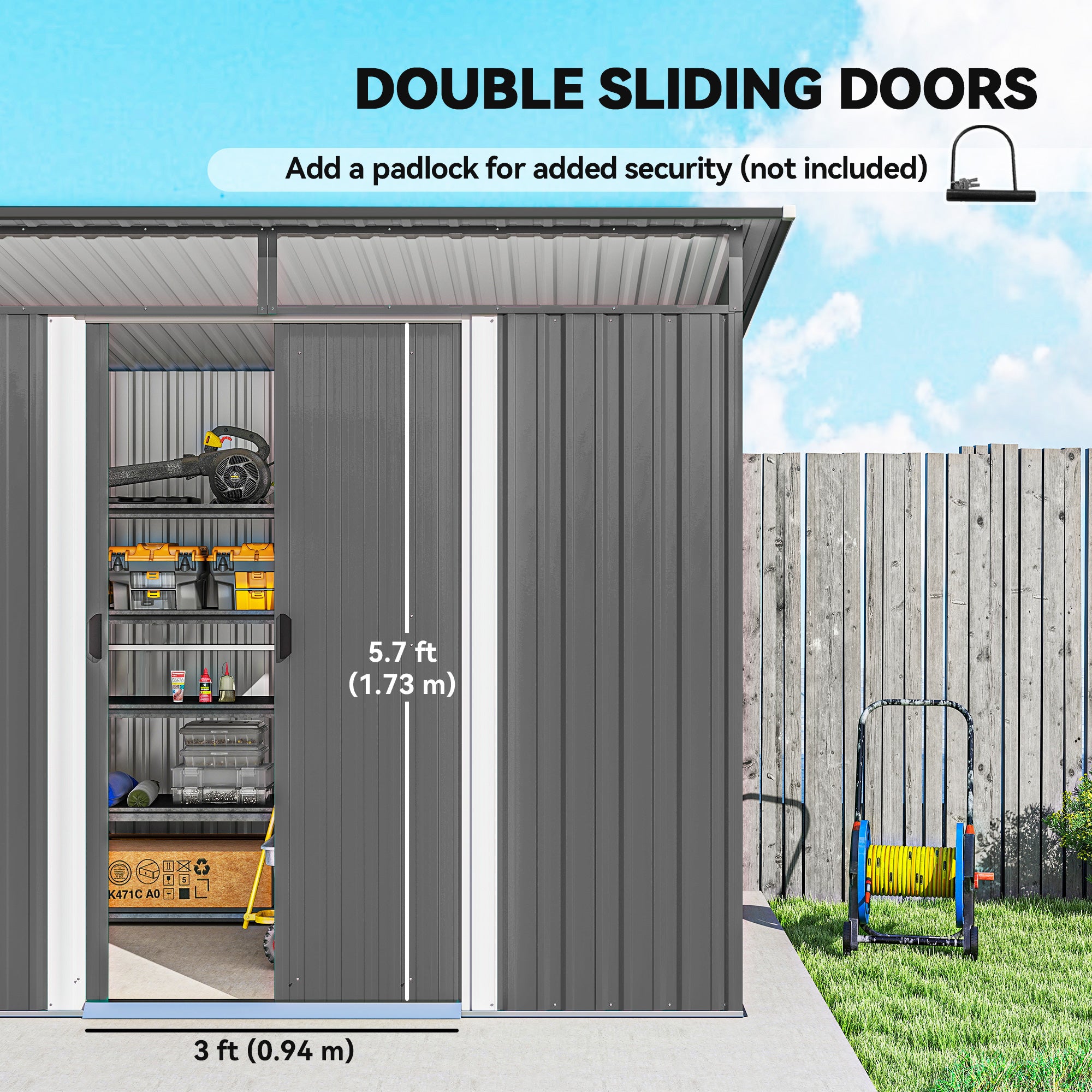 Outsunny 9ft x 6.5ft Garden Storage Shed with Top Window, Metal Outdoor Shed Tool House with Double Doors, Light Grey - anydaydirect