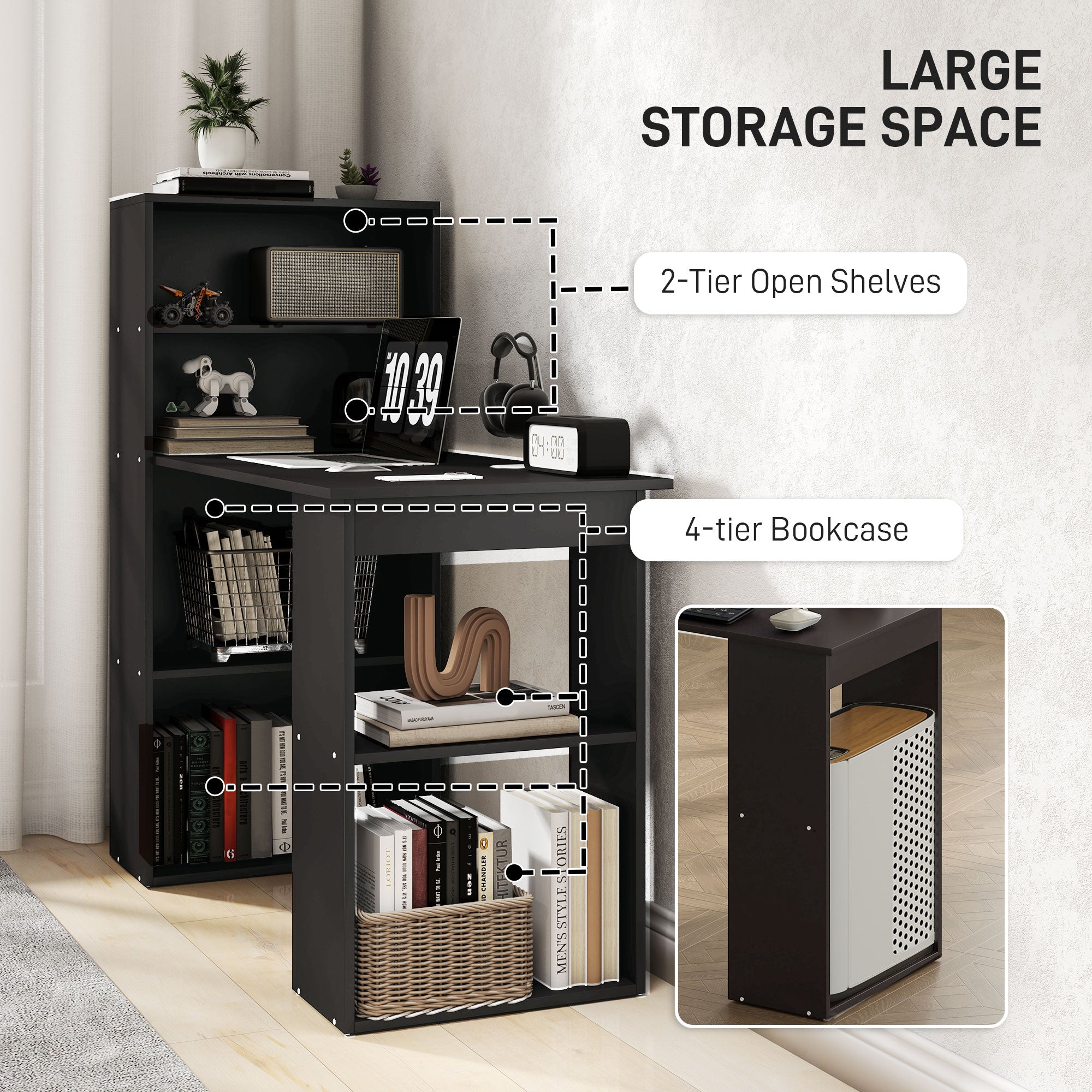 HOMCOM 120cm Modern Computer Desk Bookshelf Study Table Workstation PC Laptop Writing Home Office 6 Shelves, Black - anydaydirect