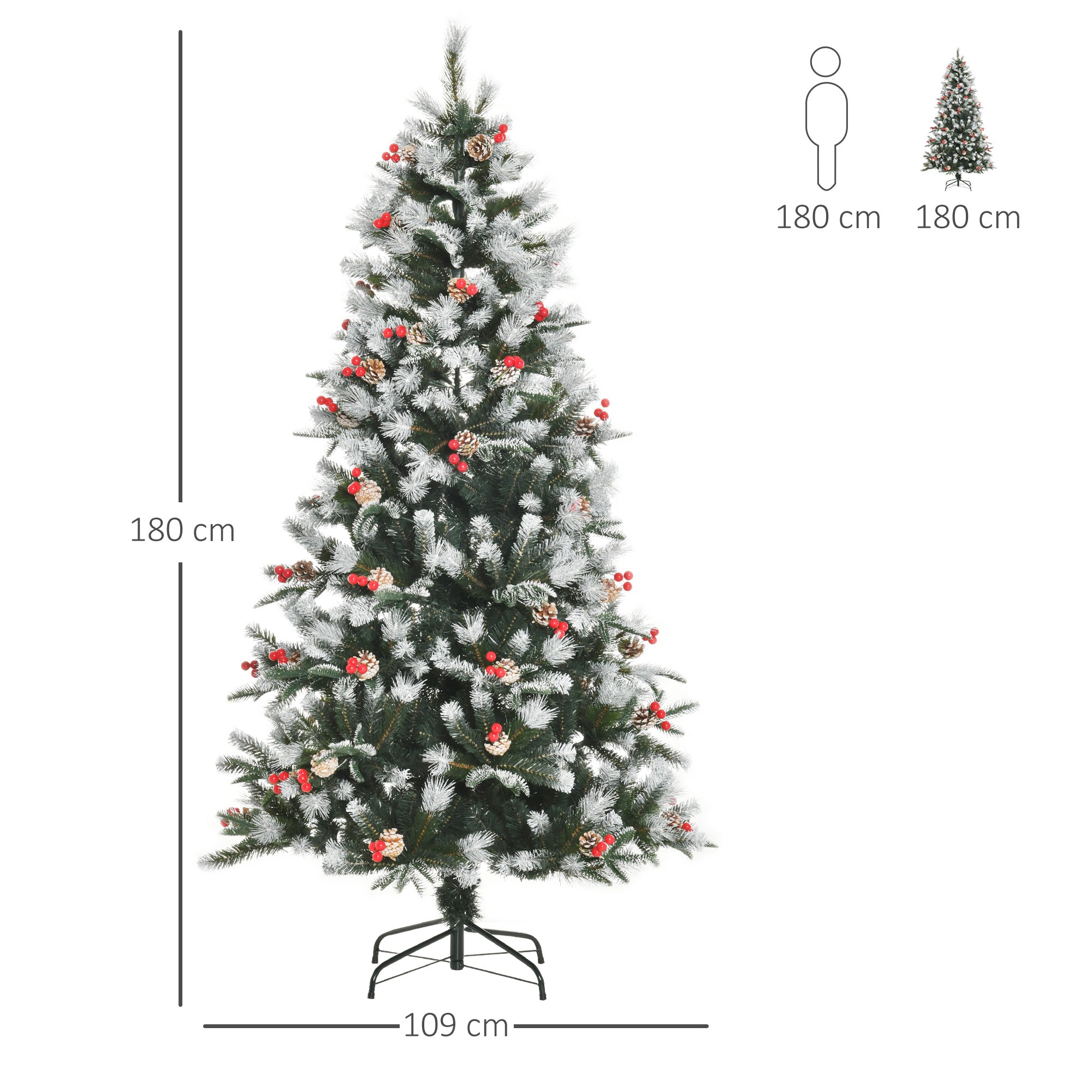 HOMCOM 6FT Artificial Snow Dipped Christmas Tree Xmas Pencil Tree Holiday Home Party Decoration with Foldable Feet Red Berries White Pinecones, Green - anydaydirect