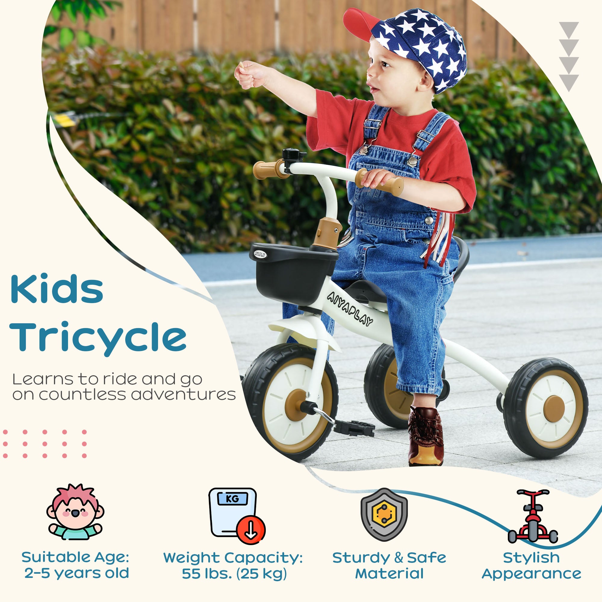 AIYAPLAY Kids Trike, Tricycle, with Adjustable Seat, Basket, Bell, for Ages 2-5 Years - White - anydaydirect