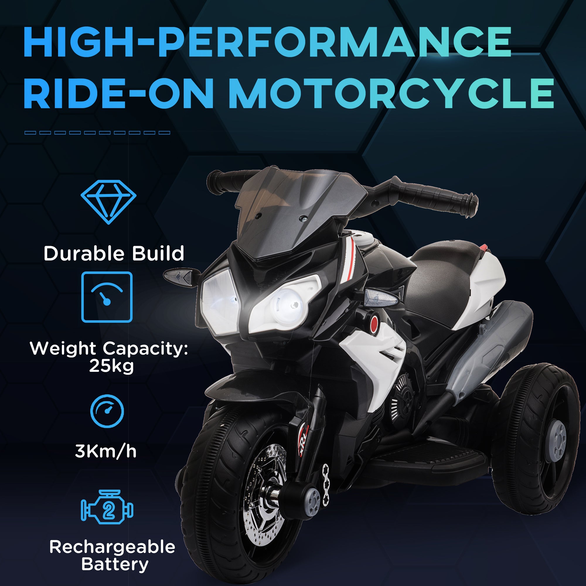 HOMCOM Kids' Motorbike Trike: 6V Battery-Powered Steel Ride-On, Safe & Thrilling, Jet Black - anydaydirect