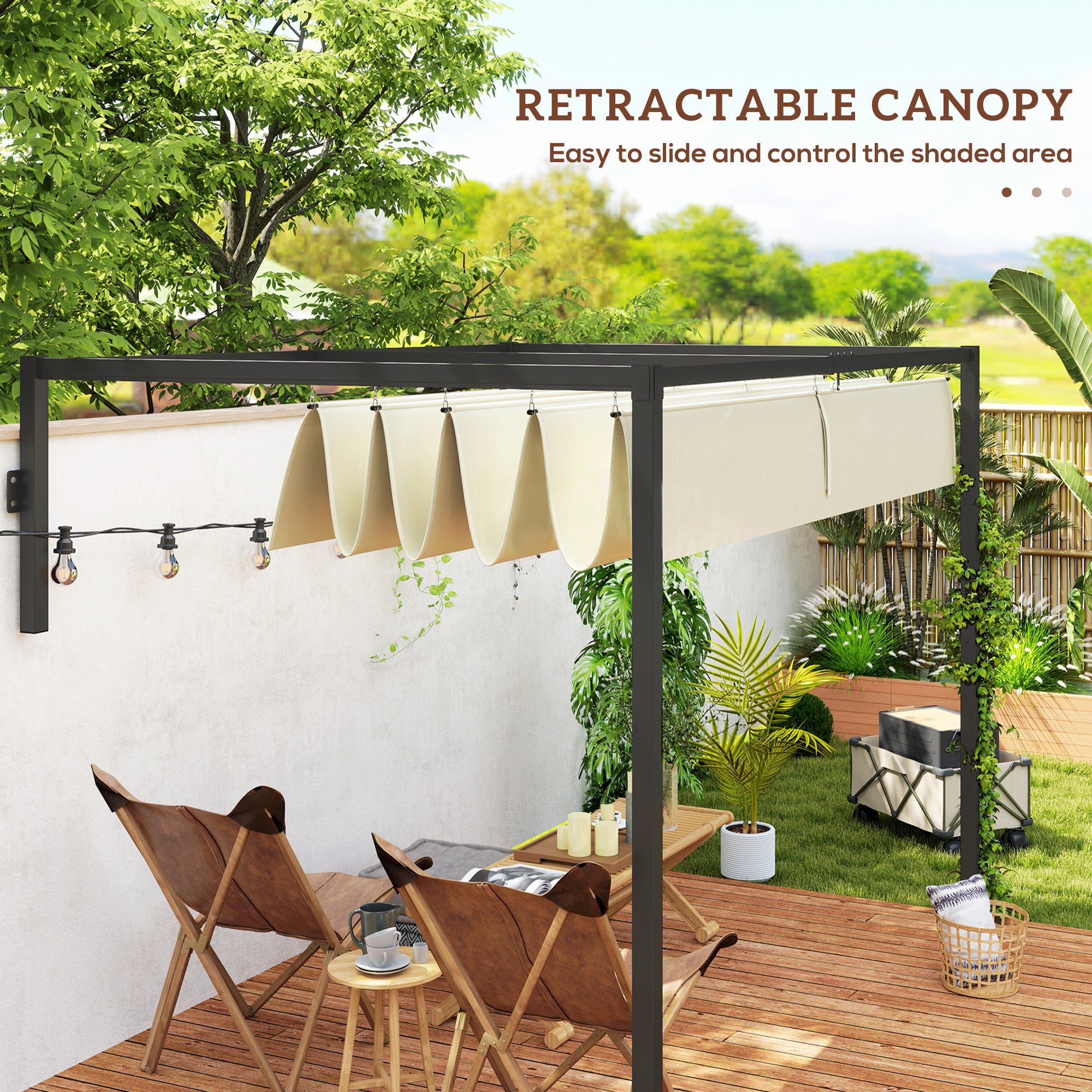 Outsunny 2 x 3(m) Lean To Steel Pergola, with Moving Fabric Canopy - Khaki - anydaydirect
