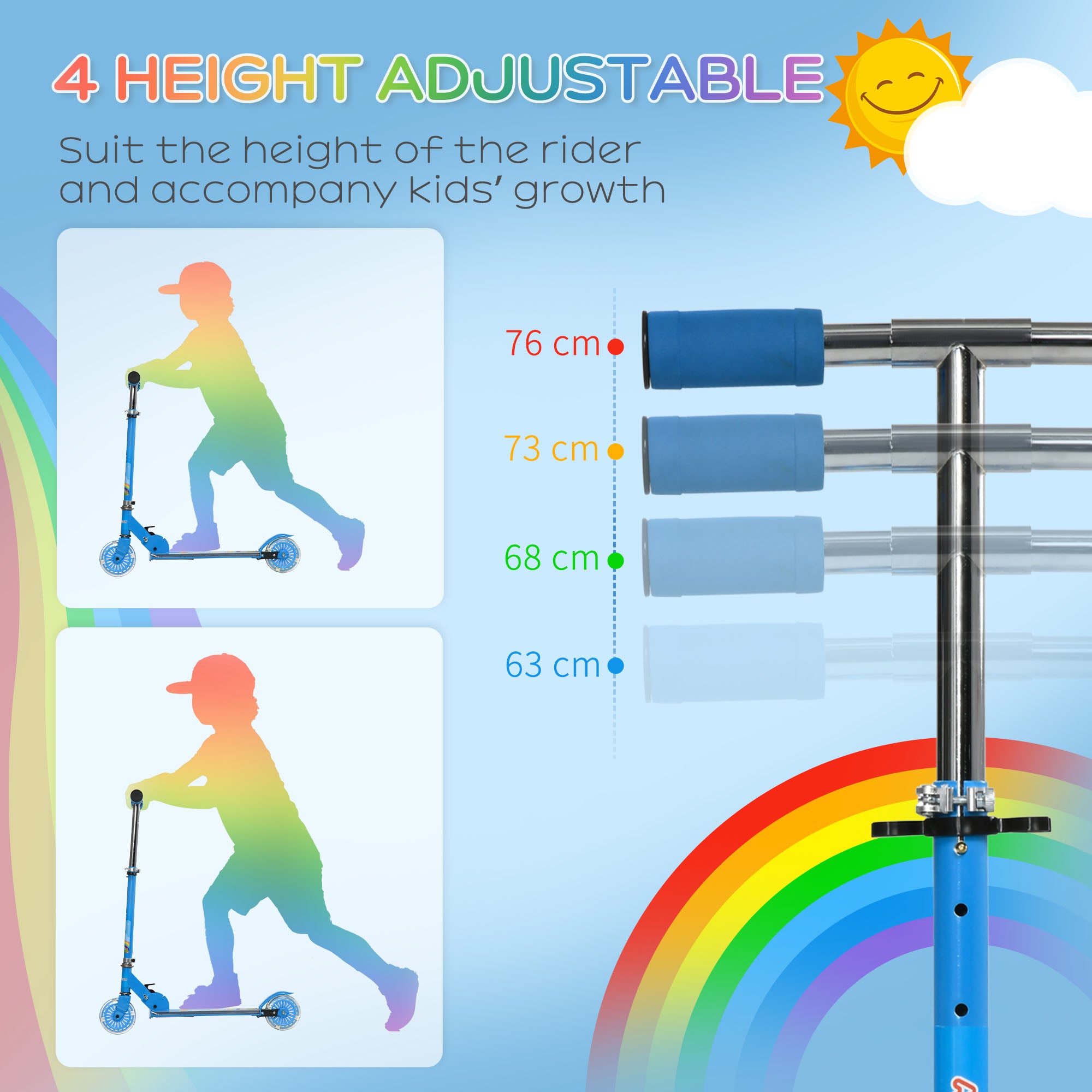 HOMCOM Kids Scooter with Lighting and Music Features, Adjustable Height, Foldable Design for Easy Storage, for 3-7 Years, Blue - anydaydirect