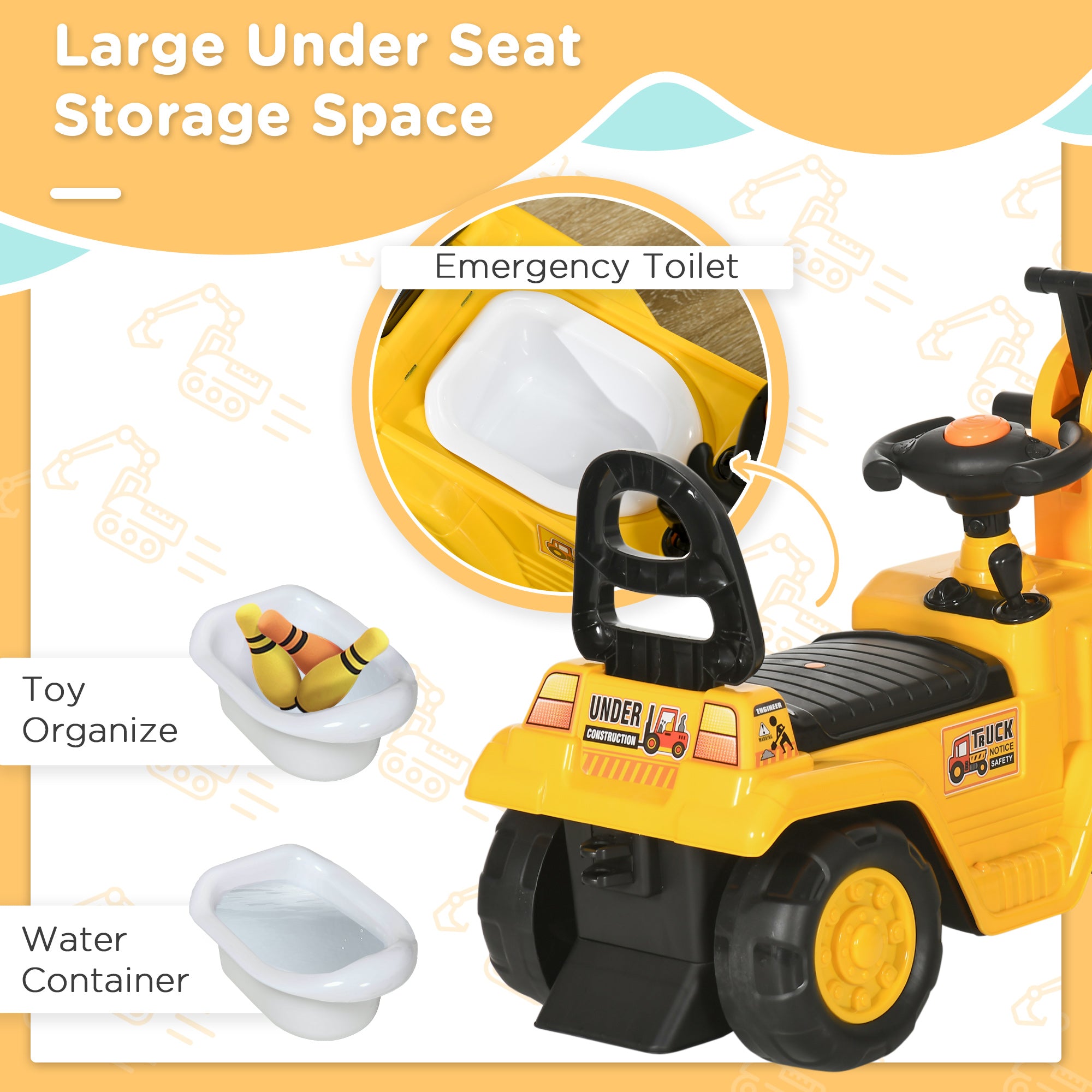 HOMCOM 2 in 1 Kids Ride On Tractor Pull Cart with Bucket, Under Seat Storage, Horn, High Backrest, for 1.5-4 Years Old, Yellow - anydaydirect